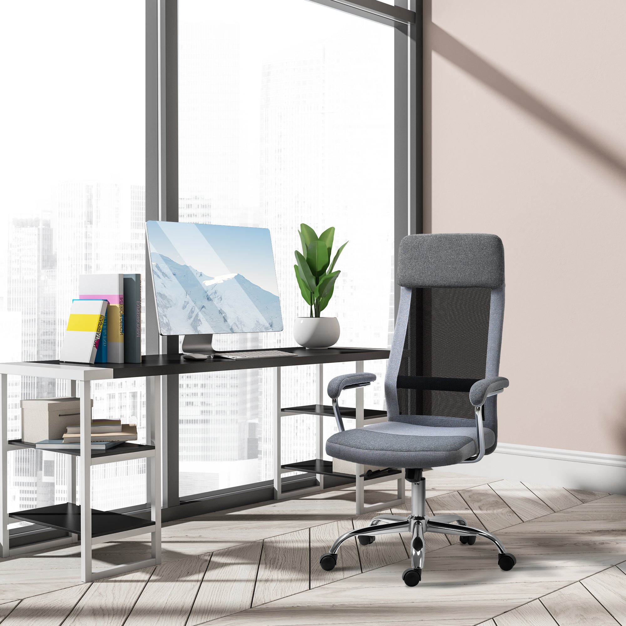 Vinsetto Bürostuhl Computerstuhl ergonomischer Schreibtischstuhl Höhenverstellung und Kopfstütze mit Schaumstoff nordischer Stil hellgrau+schwarz 65 x 67 x 119-129 cm