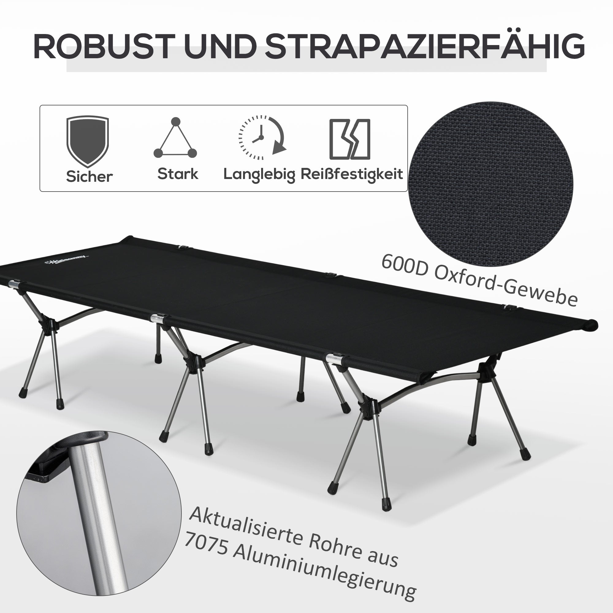 Outsunny Campingbett Klappbar Aluminium Feldbett Klappbett mit Tragetasche höhenverstellbar bis 150 kg belastbar Oxford Schwarz 190 x 65 x 38 cm
