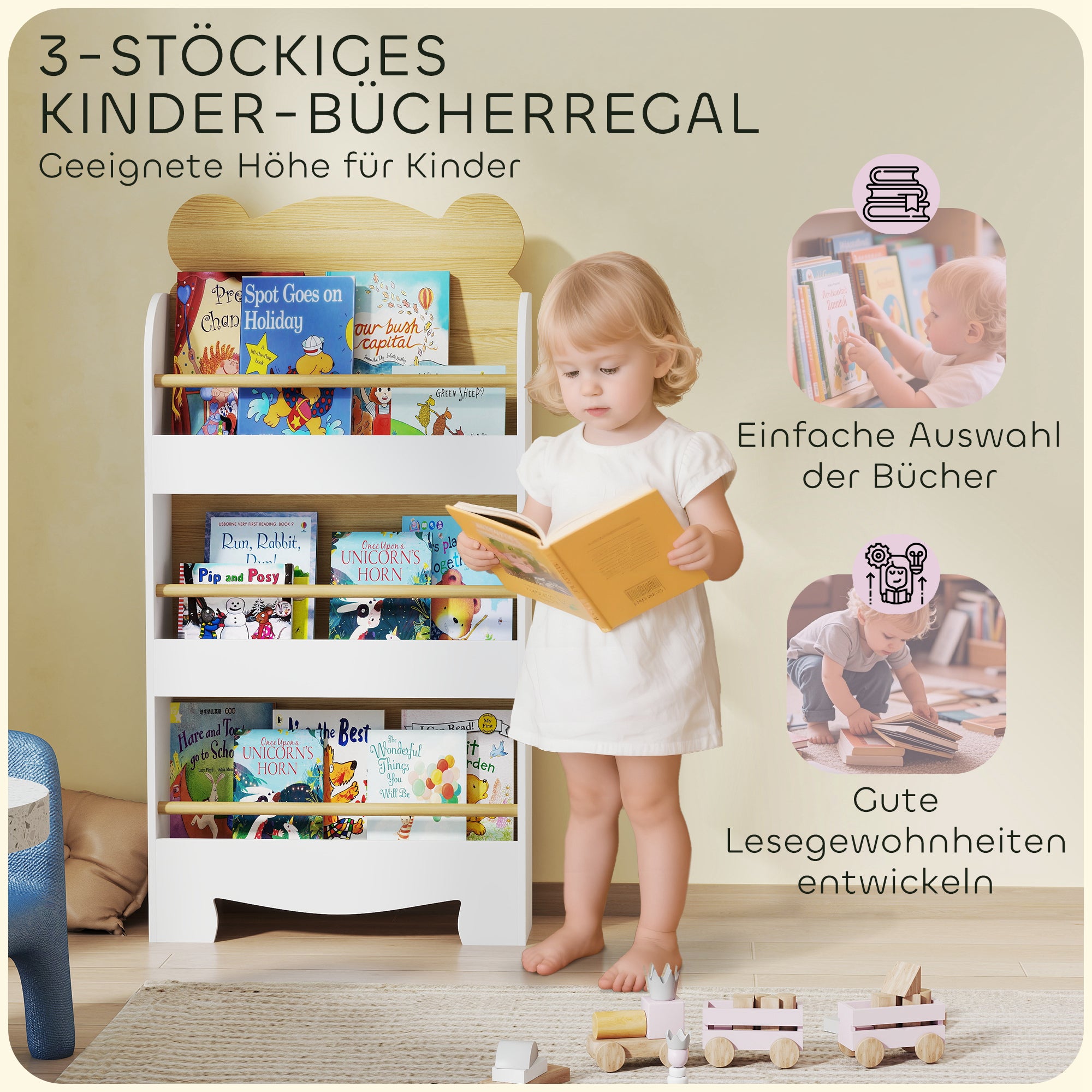 AIYAPLAY Bücherregal für Kinder Kinderregal mit 3 Ablagen Aufbewahrungsregal aus Holz 55x15x110cm Weiß