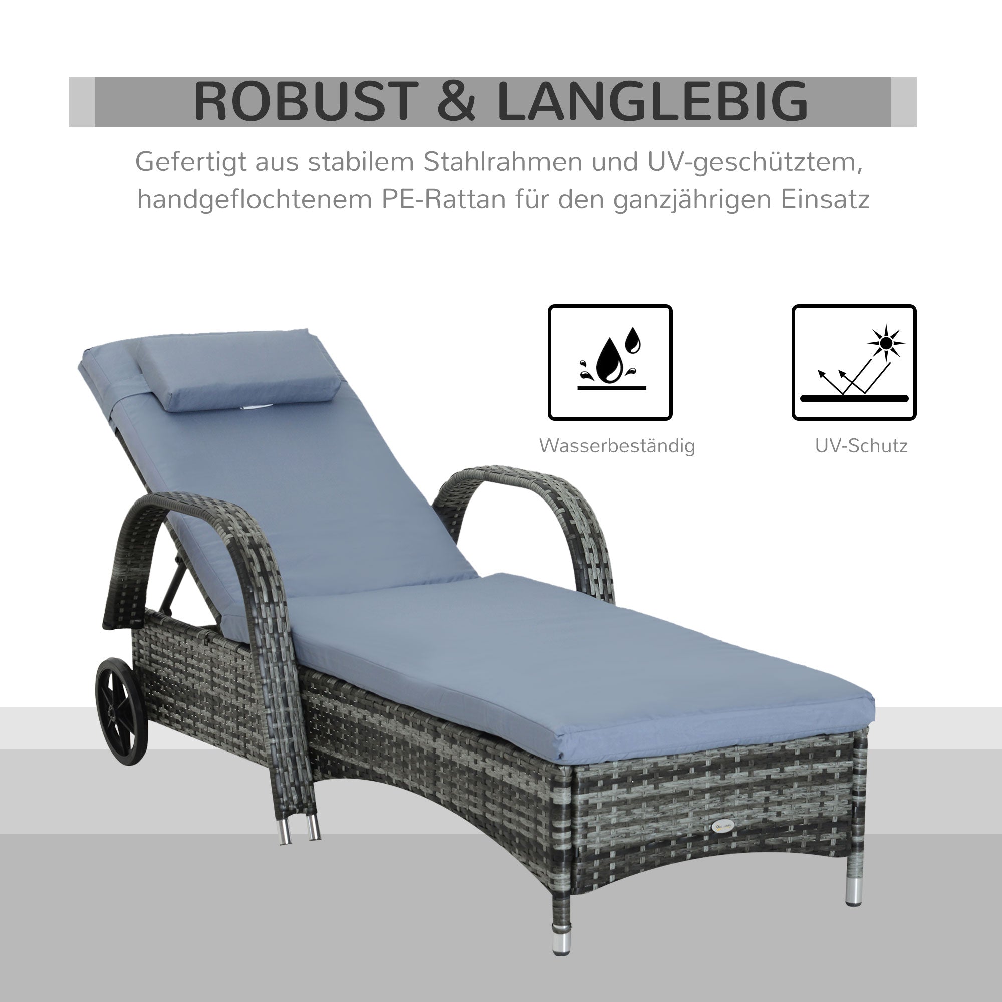 Outsunny Sonnenliege Polyrattan Gartenliege mit 5-Fach verstellbarer Rücklehne, Polsterauflage, Rollen, Kissen, 160 kg belastbar Relaxliege Liegestuhl für Garten, 200x73x30-103cm, Grau