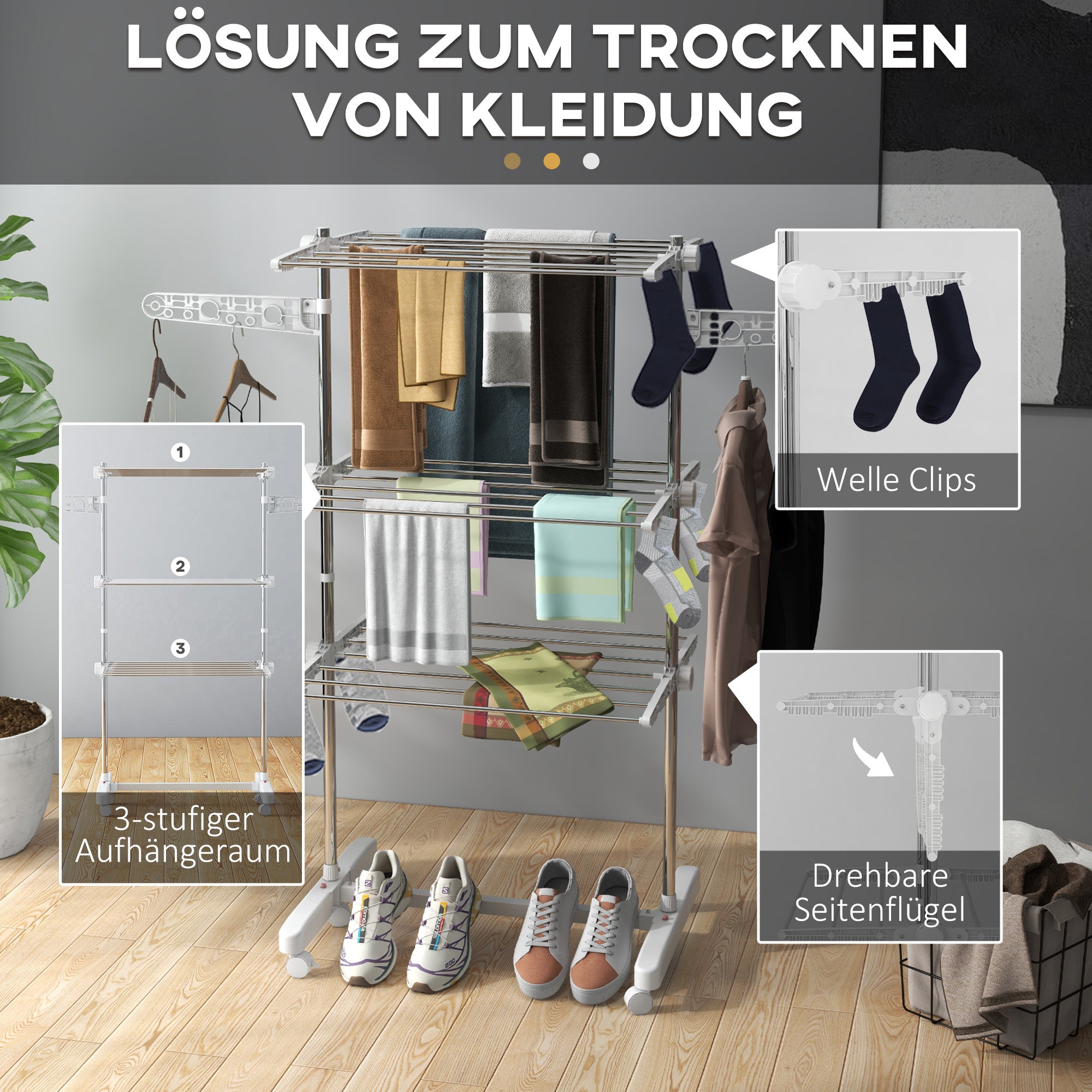 HOMCOM Mobiler Wäscheständer, Wäschetrockner, 3 Ebenen, klappbar, Silber + Weiß