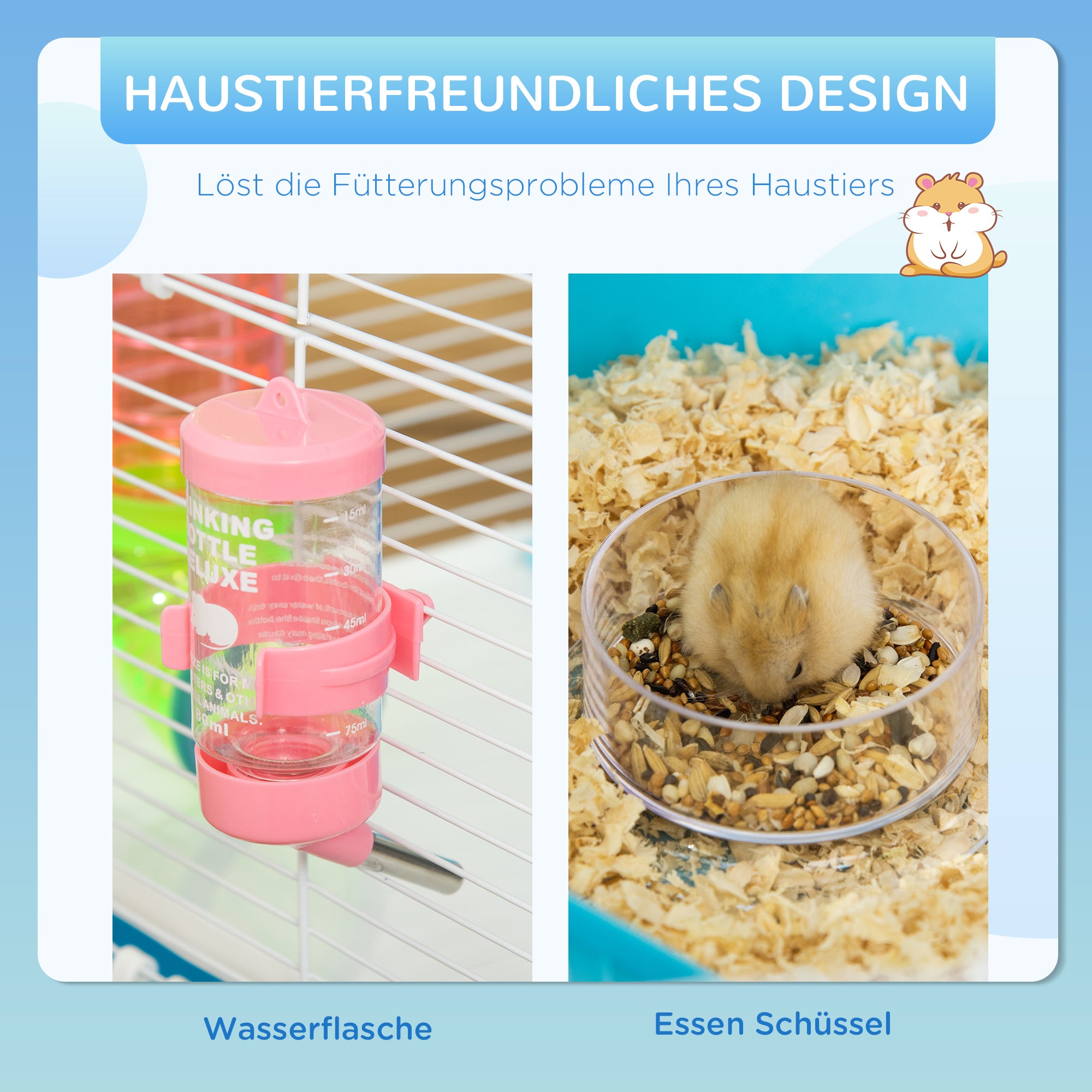 PawHut Kleintierkäfig Kleintierstall mit Rampe und Laufrad 5-Ebenen Käfig Nagerkäfig kleine Haustiere Futternapf Trinkflasche Stahldraht Kunststoff PS Hellblau+Weiß 59 x 36 x 69 cm