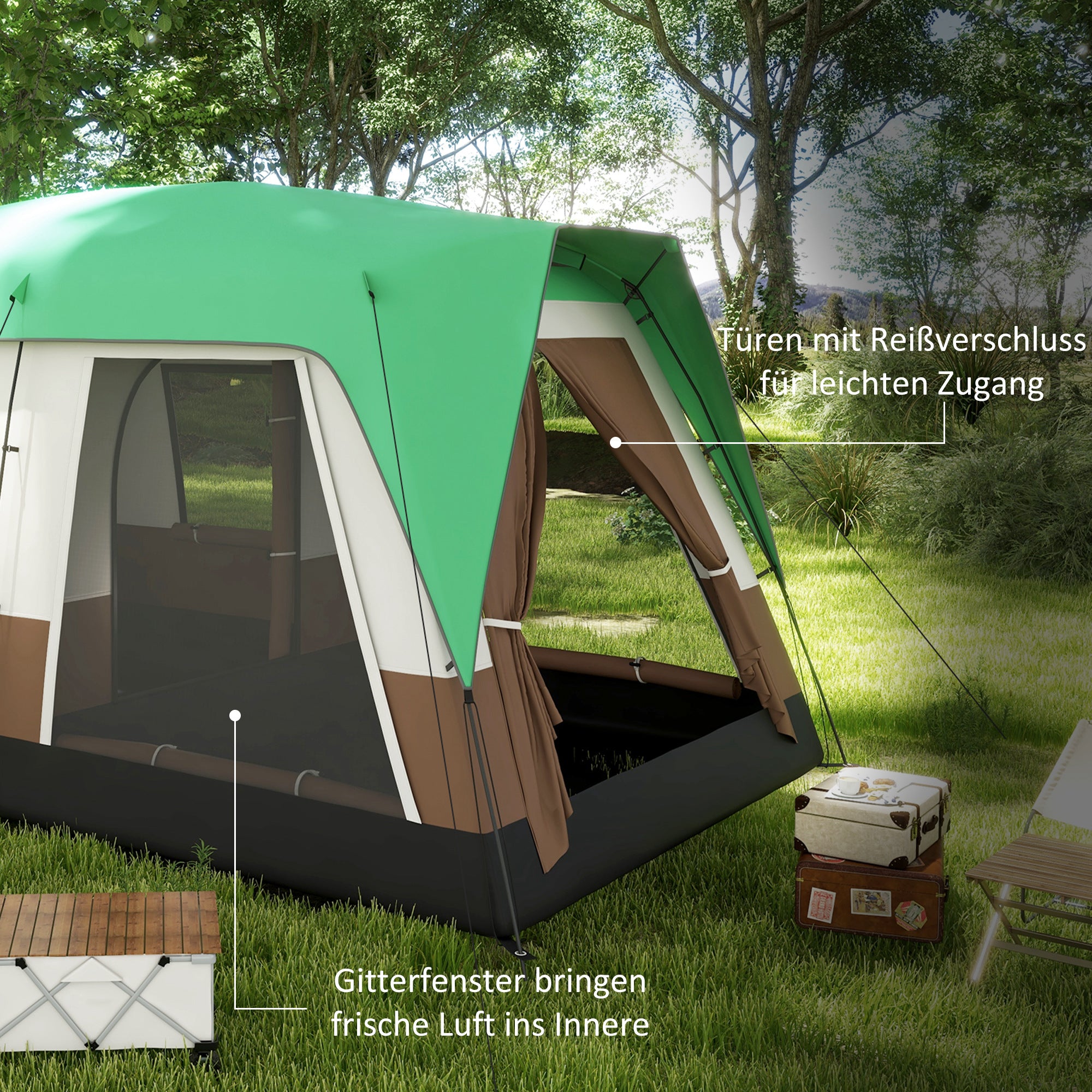 Outsunny Campingzelt für 7-8 Personen, Netzfenster, mit Tragetasche, 4,90 x 3,05 x 2,25 m, Grün