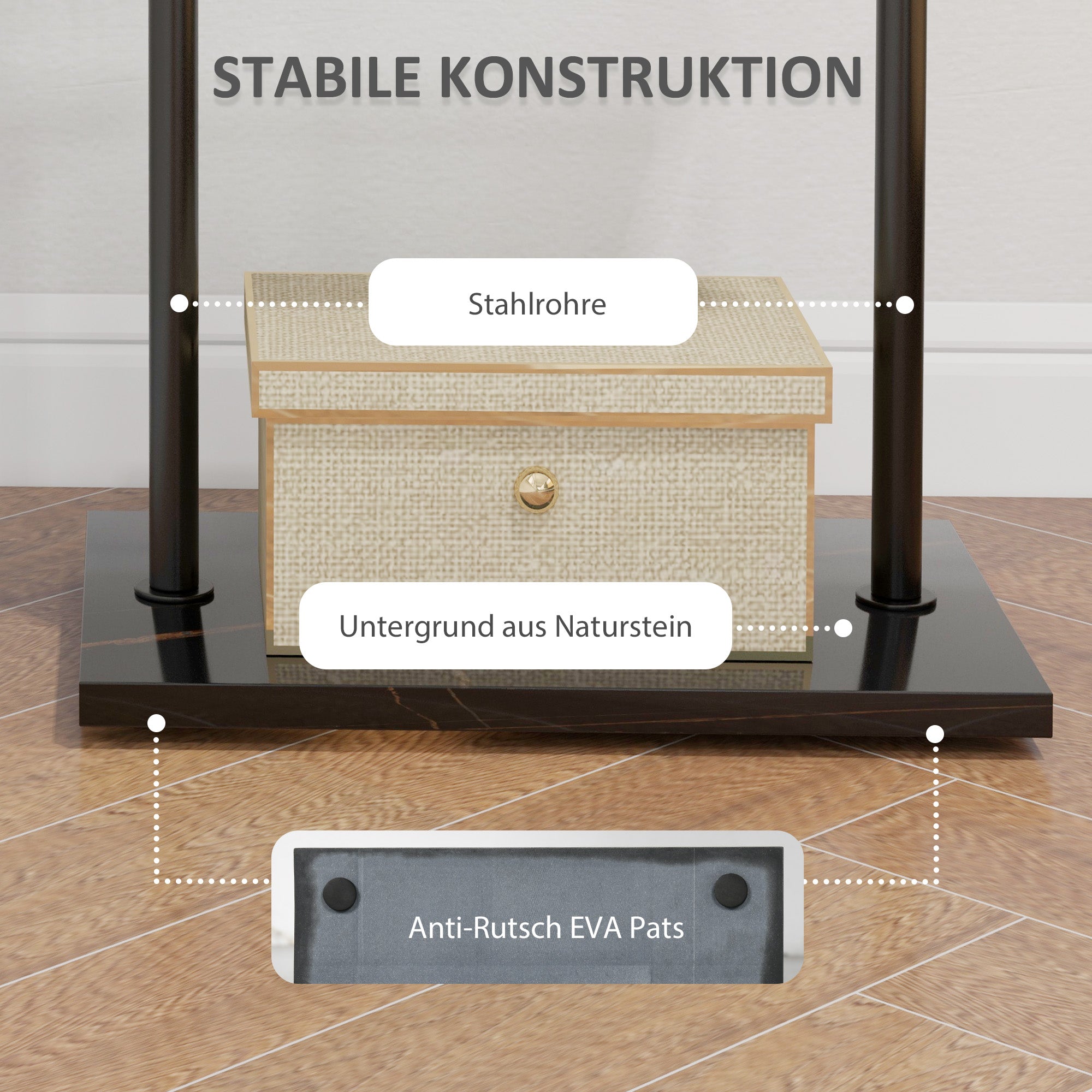 HOMCOM Garderobenständer, Kleiderstange mit Stoppern, 3 Haken, Ablagefach, Kunststeinsockel, Schwarz