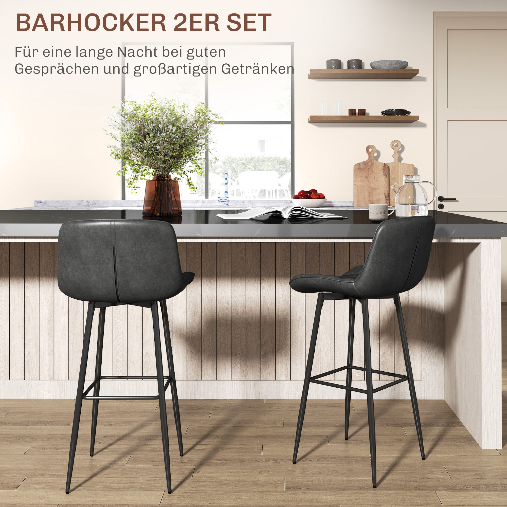 HOMCOM Barhocker im 2er-Set, schöne Steppung, Kunstlederbezug, 98 cm, bis 120 kg, Anthrazit