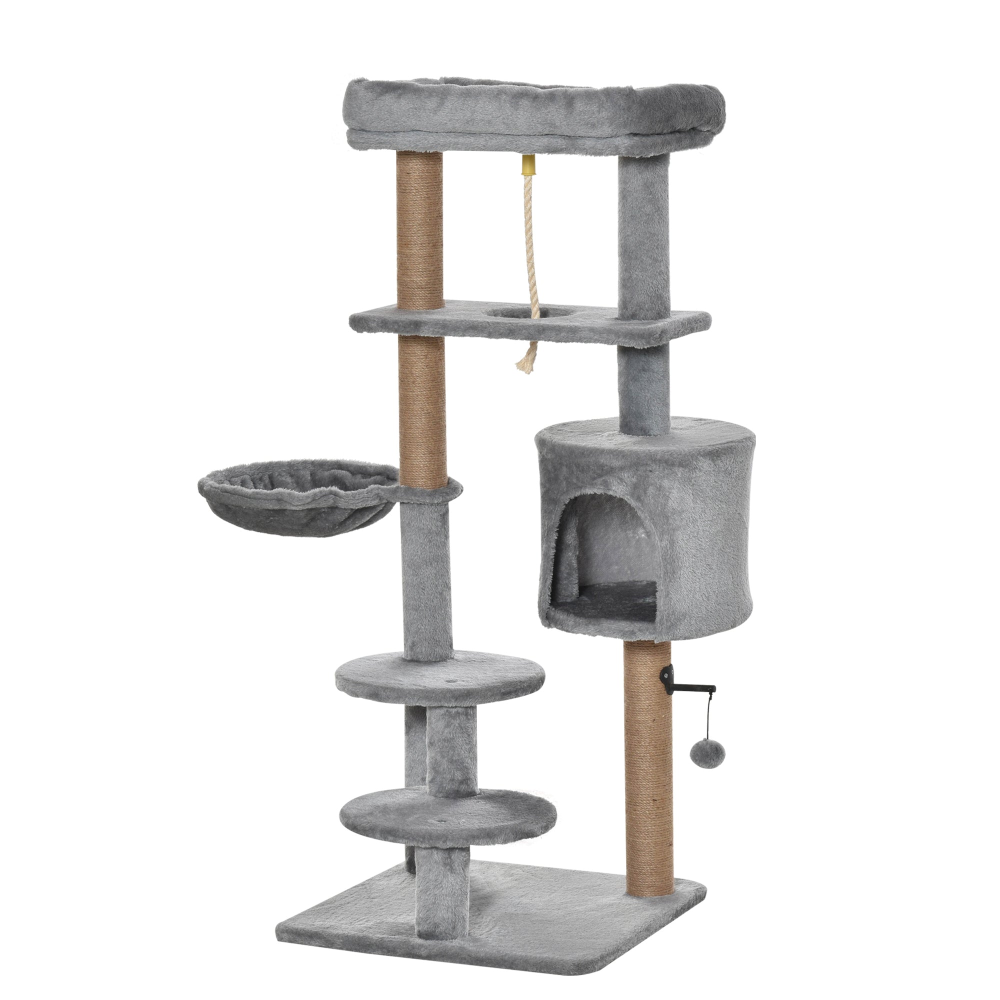 PawHut Kratzbaum, Katzenbaum, 1 Katzenhöhle, Katzenbett, 1 Hängematte, inkl. Spielzeug, Hellgrau