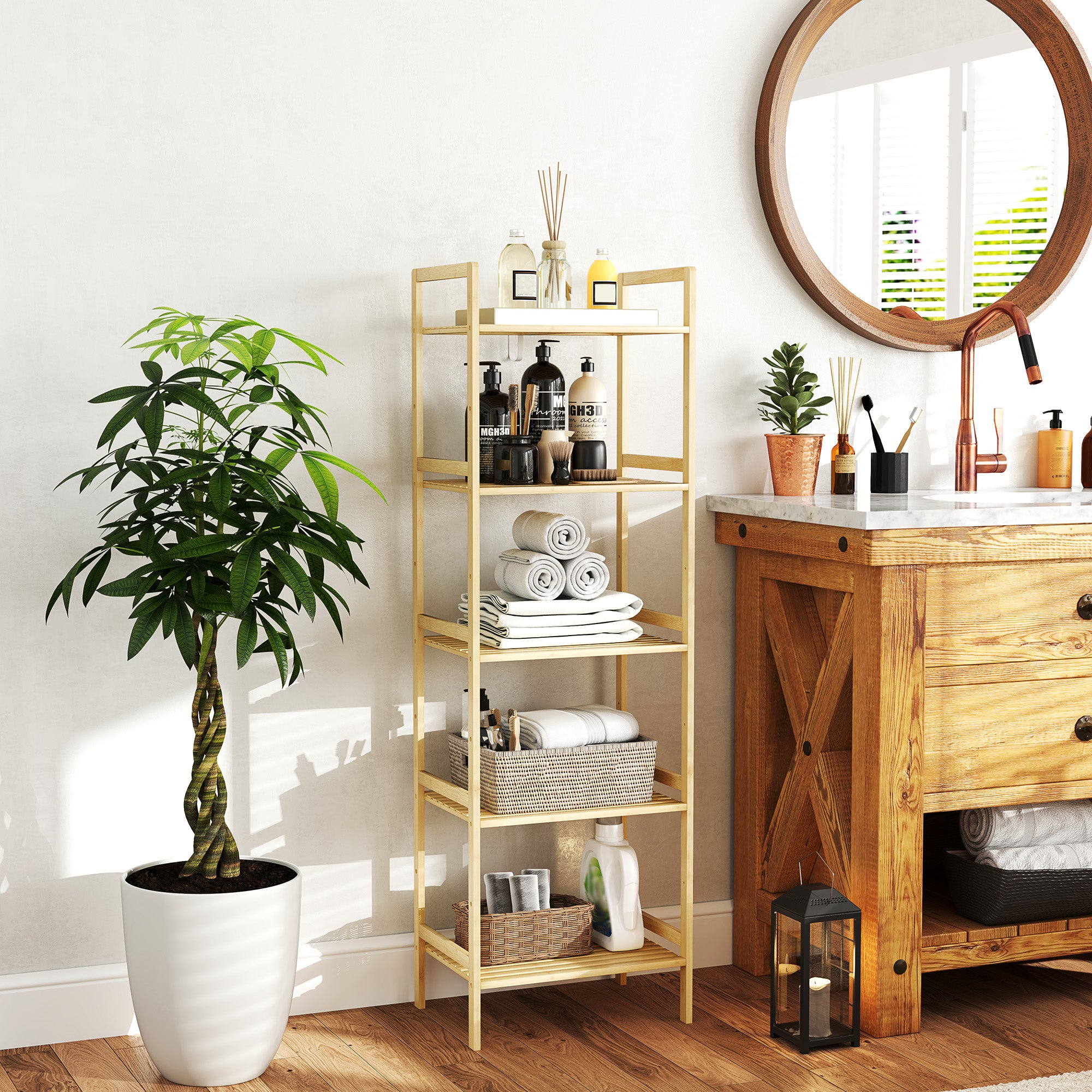 HOMCOM Bambus-Badezimmerregal mit 5 Ebenen, Aufbewahrungsregal mit verstellbaren Regalböden, 43,5 x 31,5 x 142 cm, Naturholz