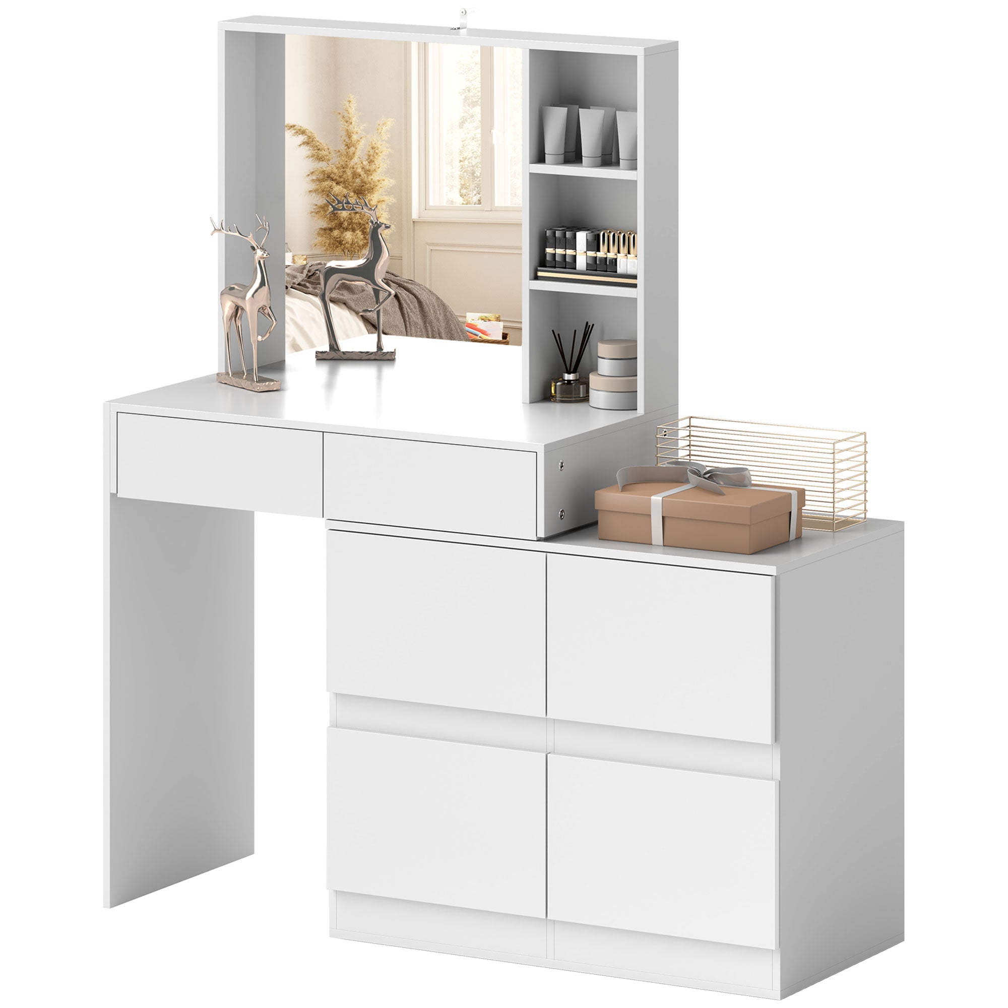 HOMCOM Schminktisch, Make-up-Tisch mit großem Spiegel, 4 Schubladen, 3 offene Fächer, 2 Schränke, MDF, Weiß