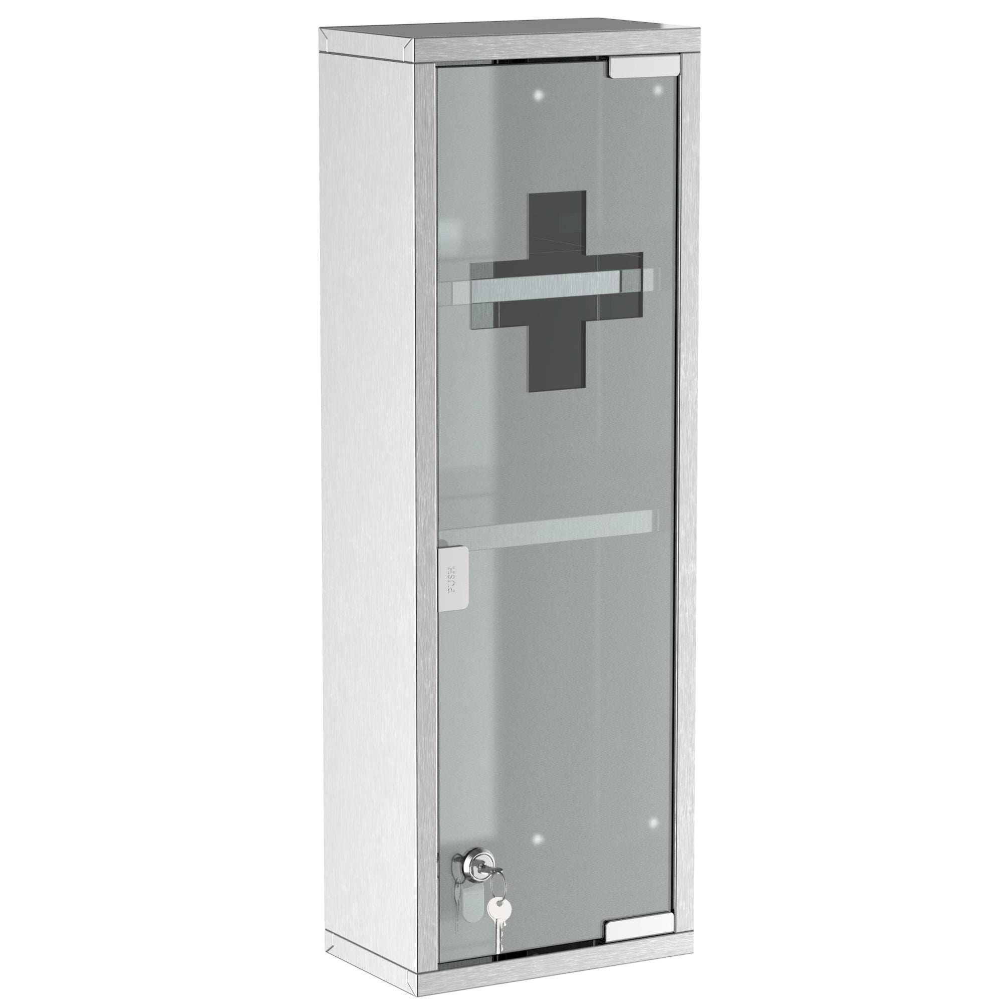 kleankin Medizinschrank aus Edelstahl und gehärtete Glastür Arzneischrank zur Medikamenten-Aufbewahrung, Abschließbar Medikamentenschrank mit 3 Fächern, Erste Hilfe Schrank, 20 x 12 x 58 cm, Silber