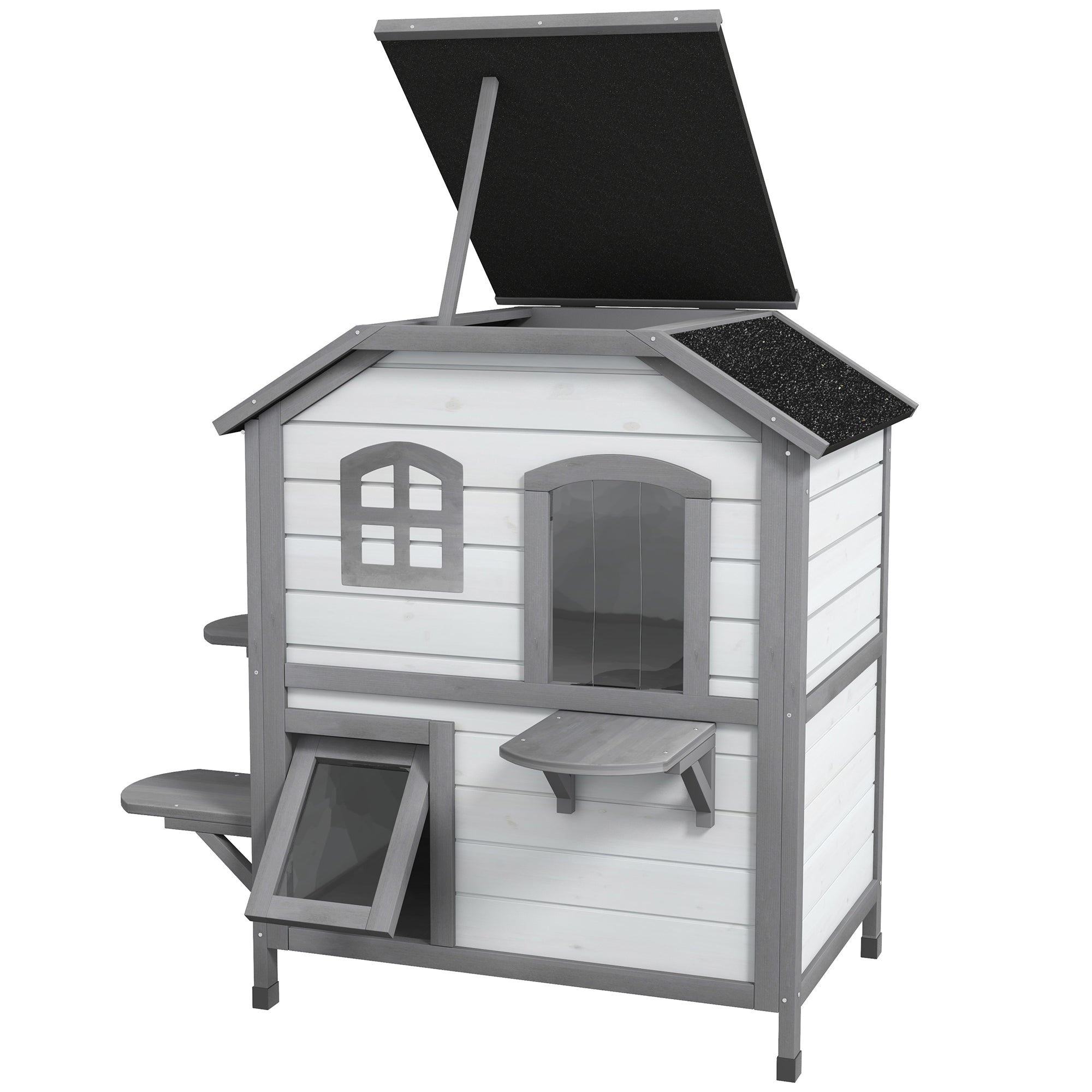 PawHut Katzenhaus Katzenhütte Katzenhöhle, 2 Stockwerke, wetterbeständig, 78,1 cm x 55,2 cm x 90,8 cm, Weiß + Grau