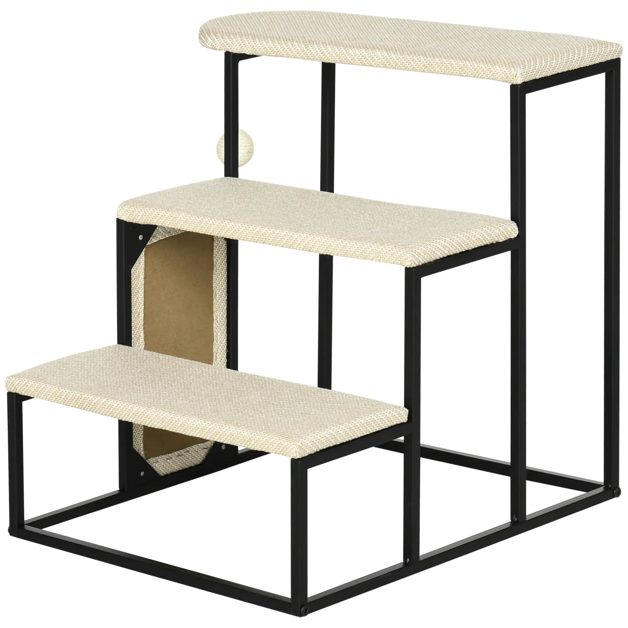 PawHut Katzentreppe, mit Kratzbrett, 3 Stufen, Spielball, robust, Stahl+Sisal, cremeweiß+schwarz, 51 x 54 x 53cm