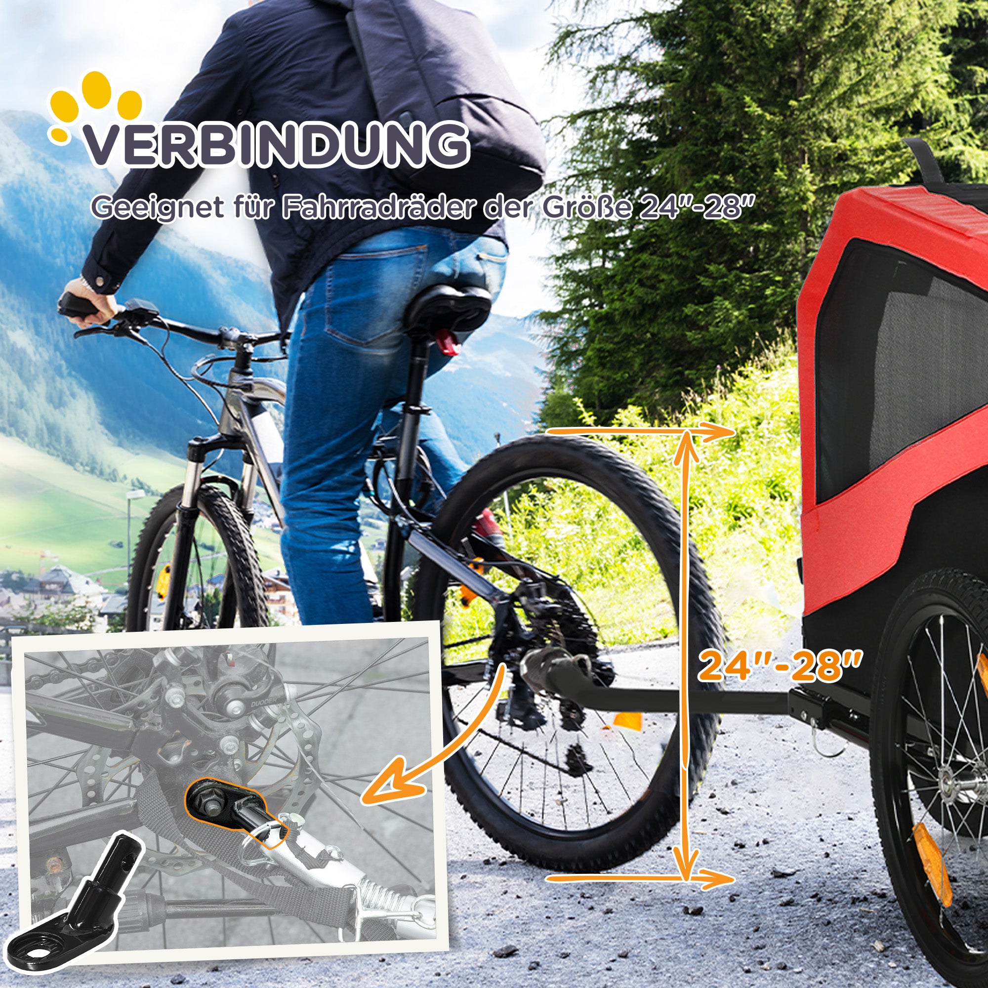 PawHut 2-in-1 Hundeanhänger Hundebuggy bis 30kg klappbar und lagerbar Lenker Fußstütze Reflektoren Sicherheitsfahne 170 cm x 77 cm x 90 cm Rot