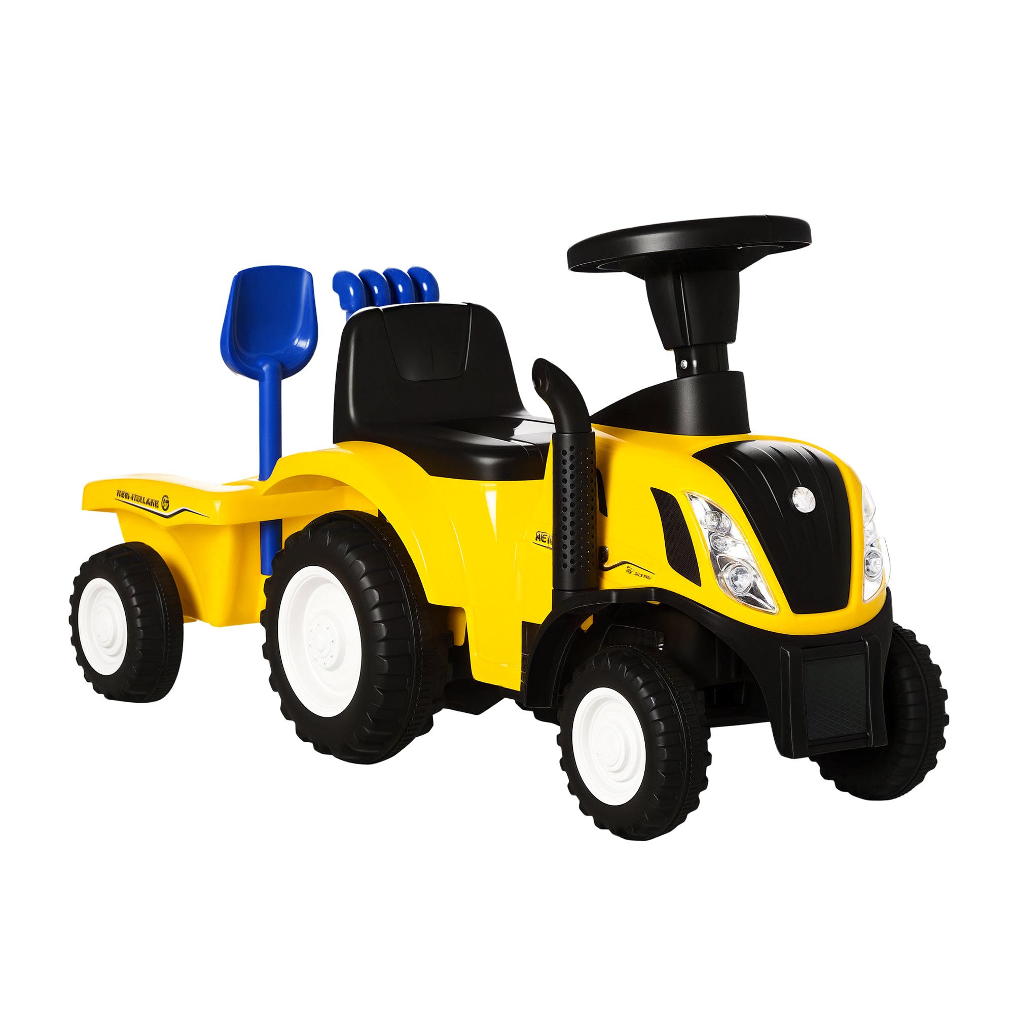 HOMCOM Rutsch-Traktor mit Anhänger, Hupe, Sandspielzeug, ab 1 Jahr, Kunststoff+Metall, gelb, 91 x 29 x 44cm