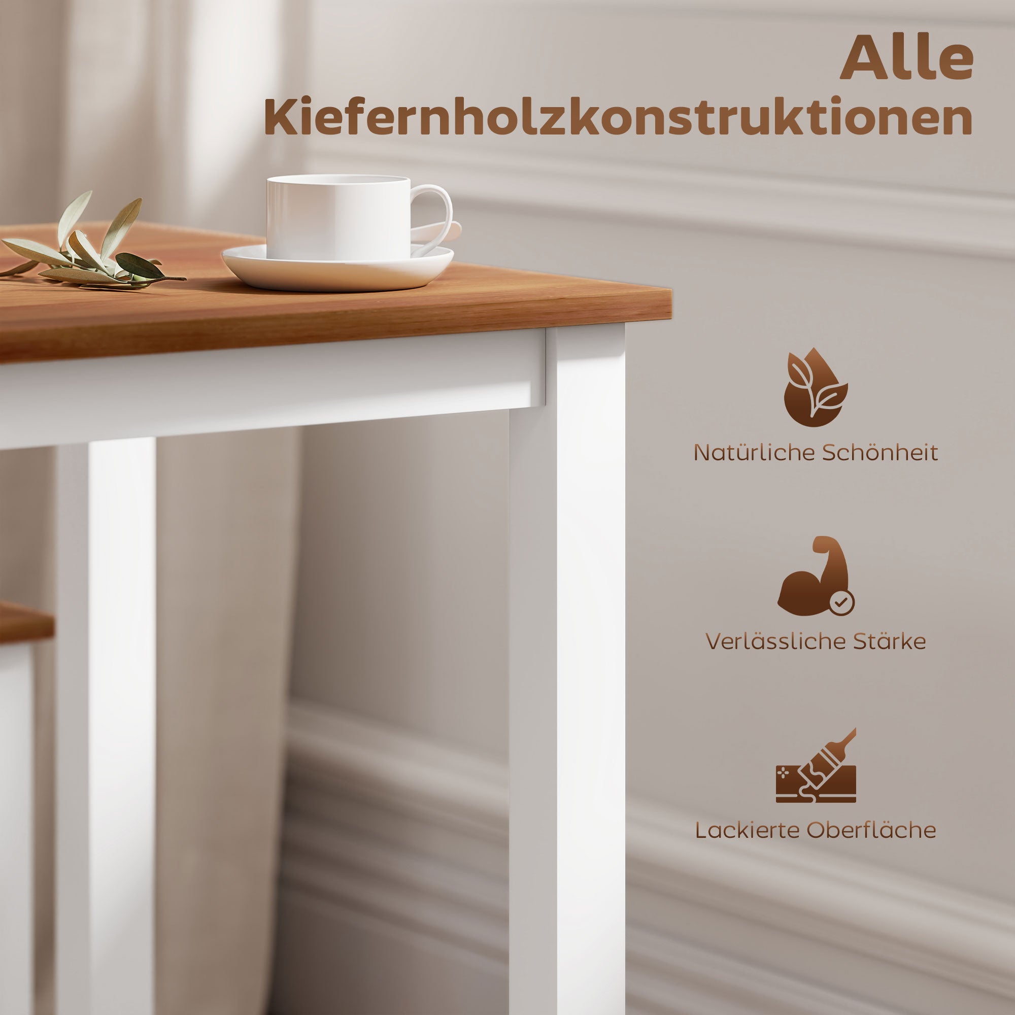 HOMCOM Essgruppenset, Esstisch, 4 Stühle, Esszimmerset, Kiefernholz, Braun+Weiß