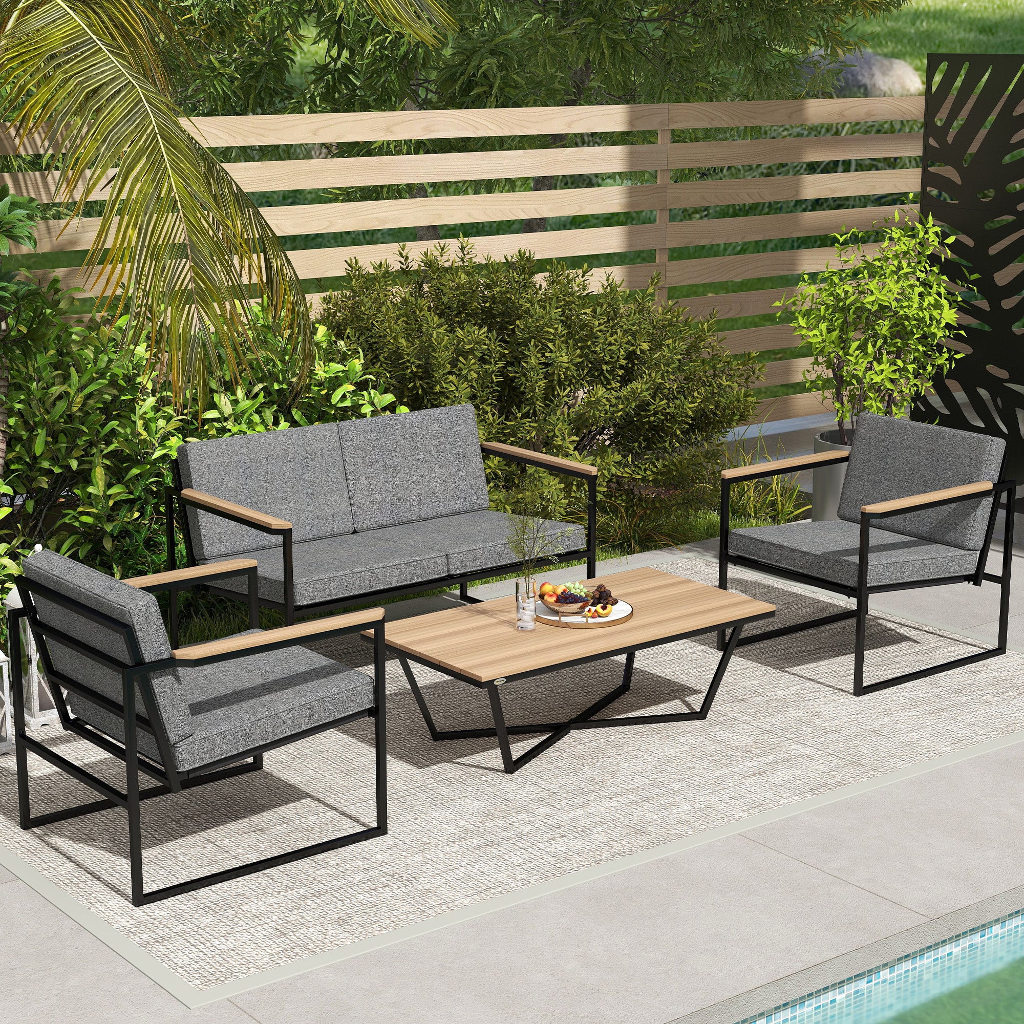 Outsunny Gartenmöbel Set 4 Personen wetterfest Balkonmöbel-Set mit 2er Sofa, 2 Stühle Sitzkissen Beistelltisch Grau