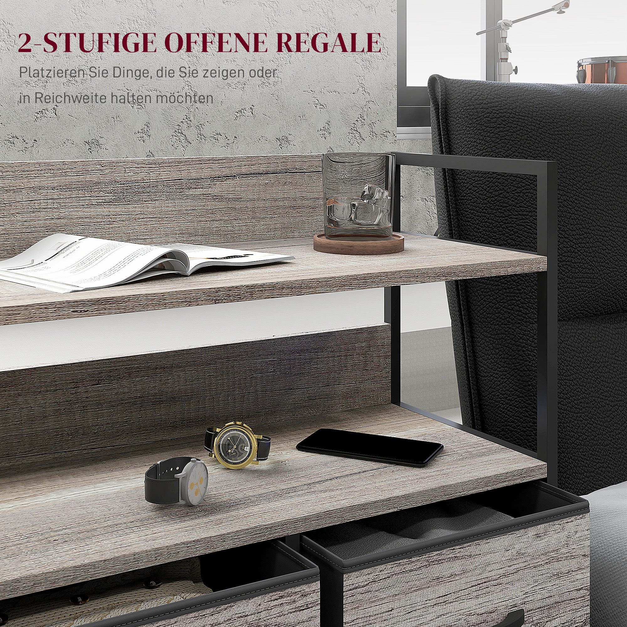 HOMCOM Stoff-Kommode, 5 faltbare Schubladen, 2 Regale, Stahlrahmen, 98 x 29 x 85 cm, Grau