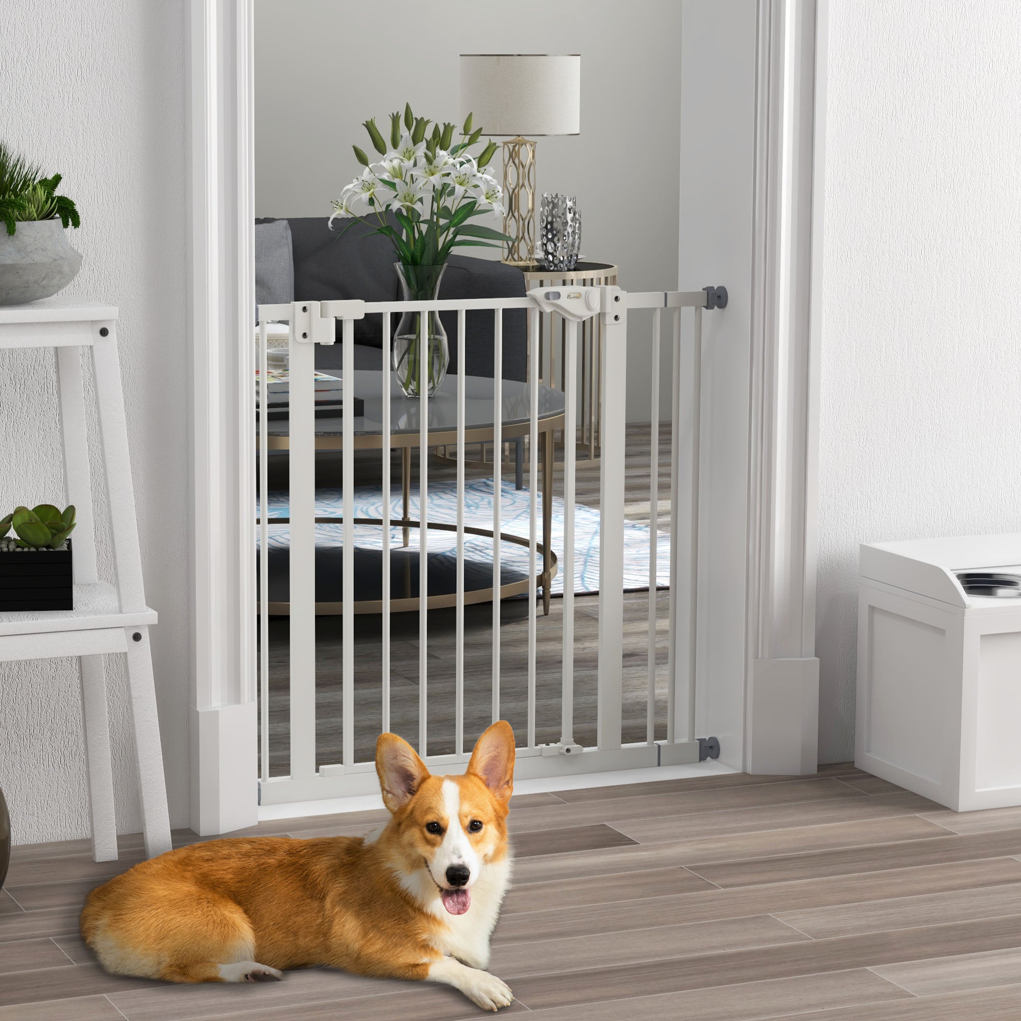 PawHut Türschutzgitter für Hunde, Absperrgitter, Schutzgitter für Haustiere, Metall, Kunststoff, 74-87 cm, Weiß