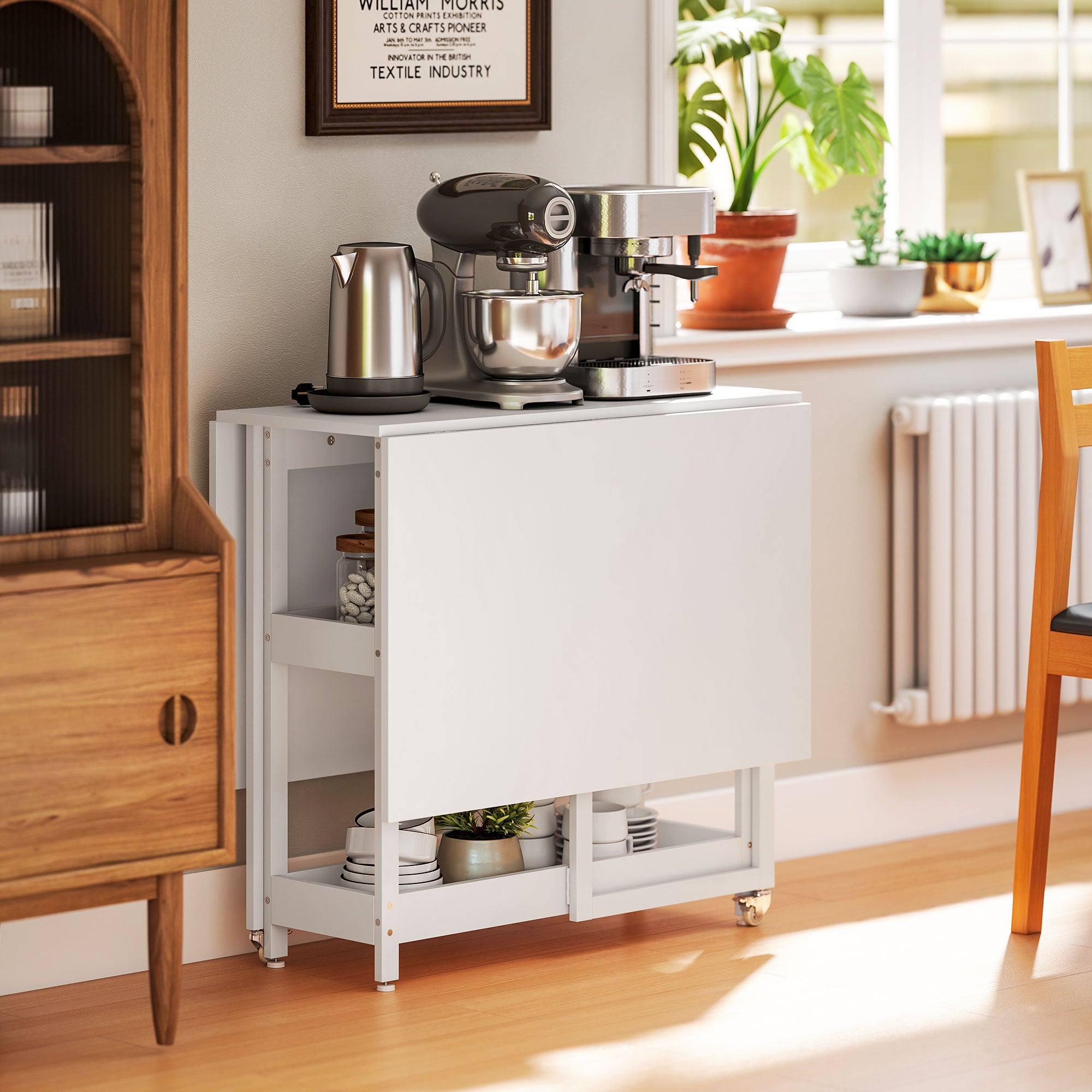 HOMCOM Klappbarer Esstisch im Industriedesign, für bis zu 4 Personen, offene Regale, flexibel, Metall, Spanplatte, Weiß