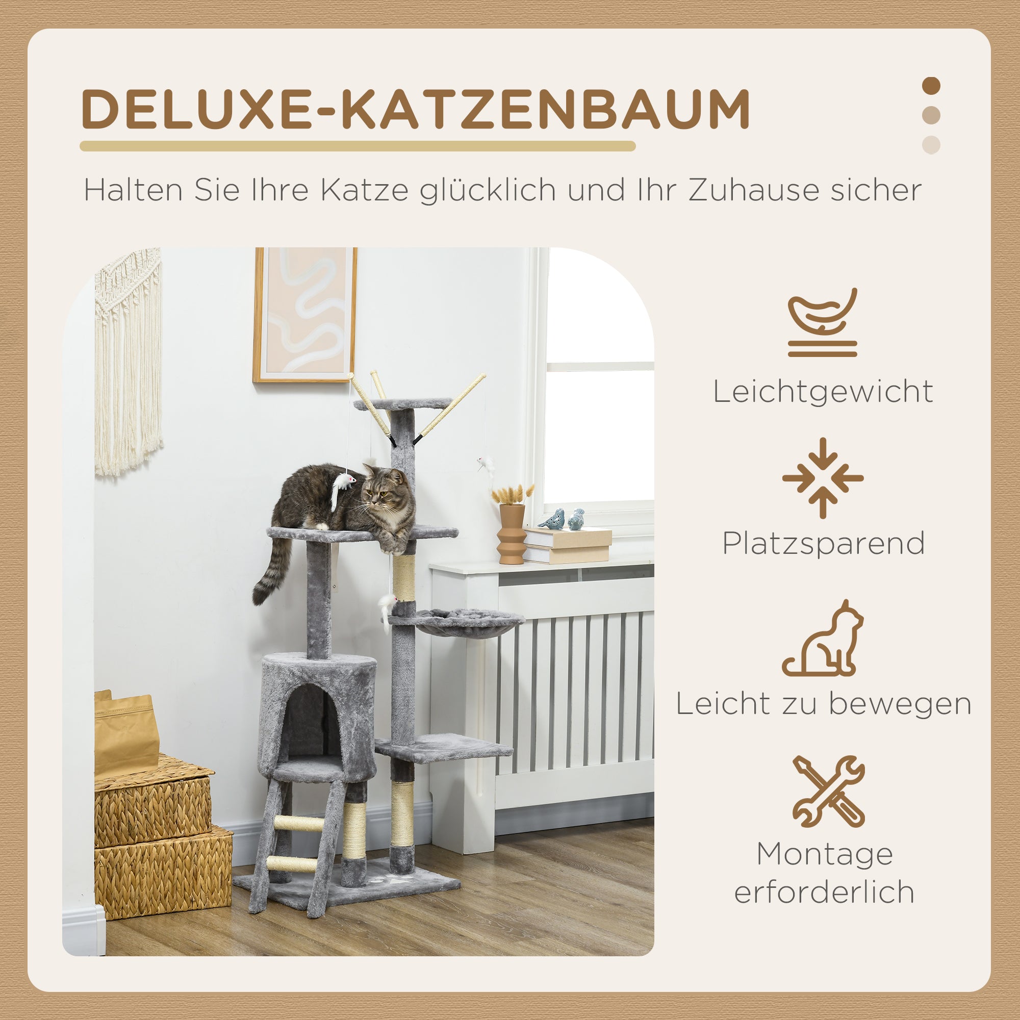 PawHut Katzenbaum, Kratzbaum, Katzenkratzbaum, Treppe, Spielzeug, 50 x 35 x 134,2 cm, Grau