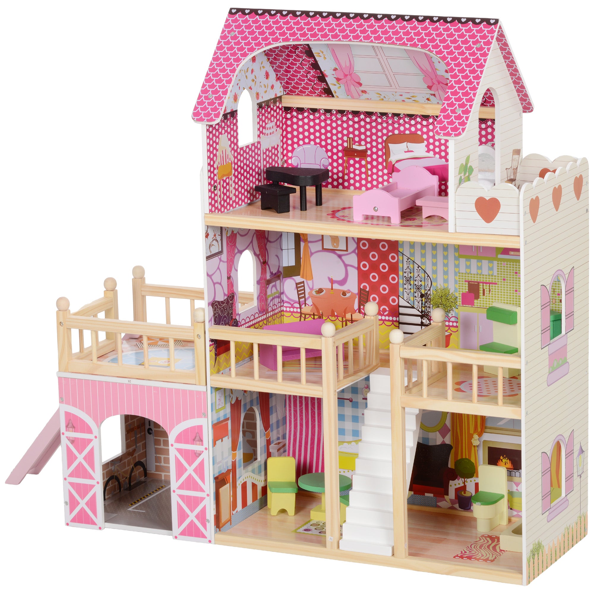 AIYAPLAY Puppenhaus, 3 Etagen, 13 Möbelstücke, Garage, Rutschen & Balkon, 114 x 32 x 92 cm, Rosa