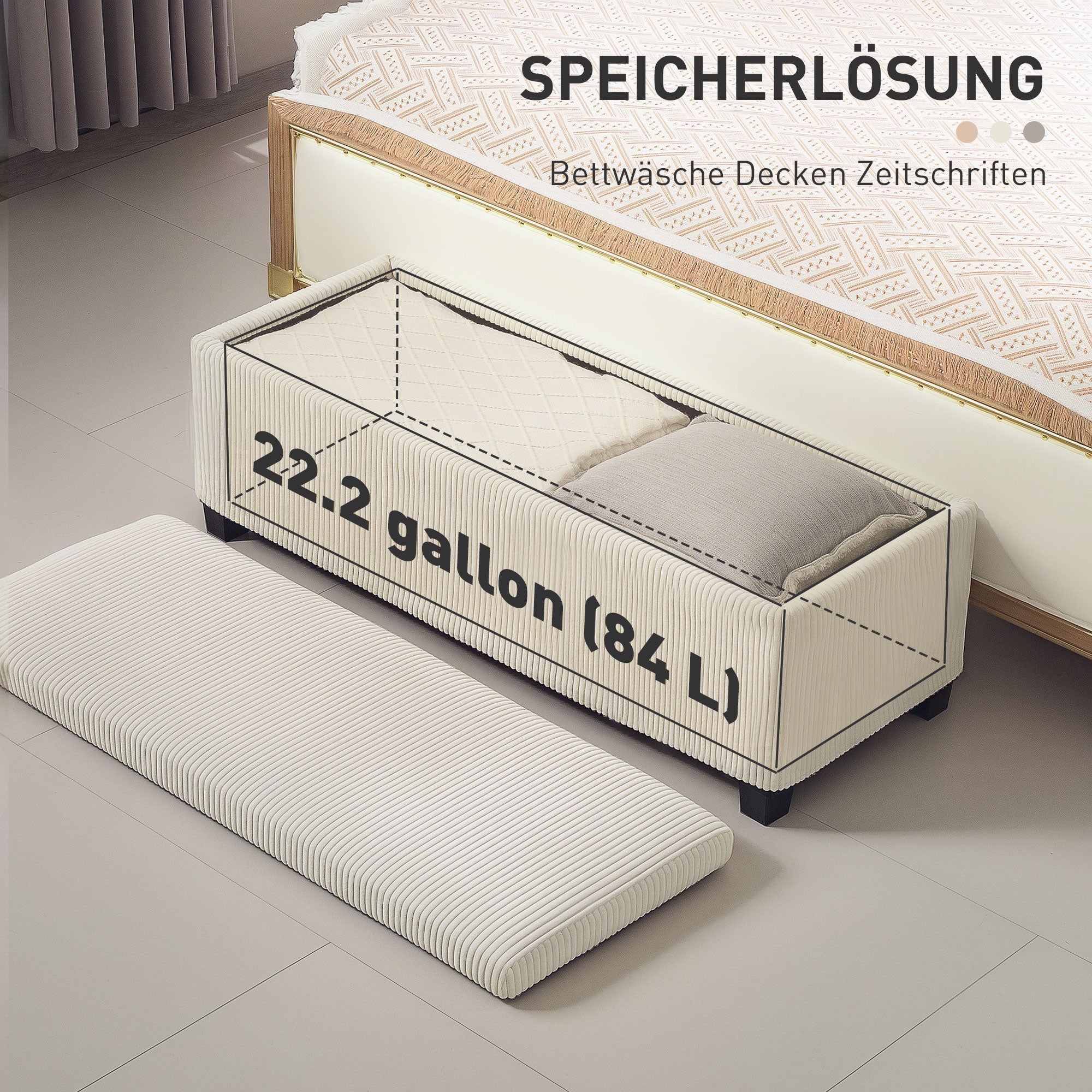 HOMCOM Sitzbank mit Stauraum, Aufbewahrungsbank, Cord-Design, Stahlrahmen, Beige
