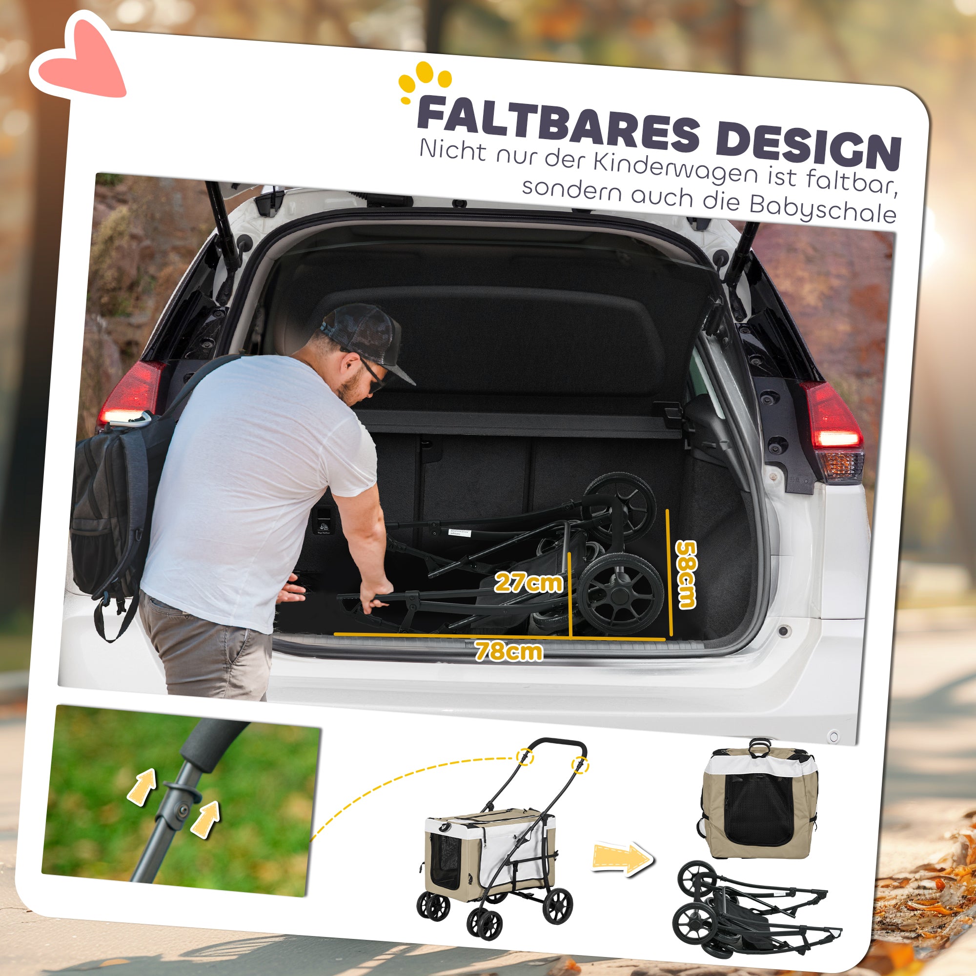 PawHut Hundbuggy Haustierbuggy Hundewagen, klappbar, abnehmbarer Korb, 81 x 58 x 97,5 cm, Schwarz+Khaki+Weiß