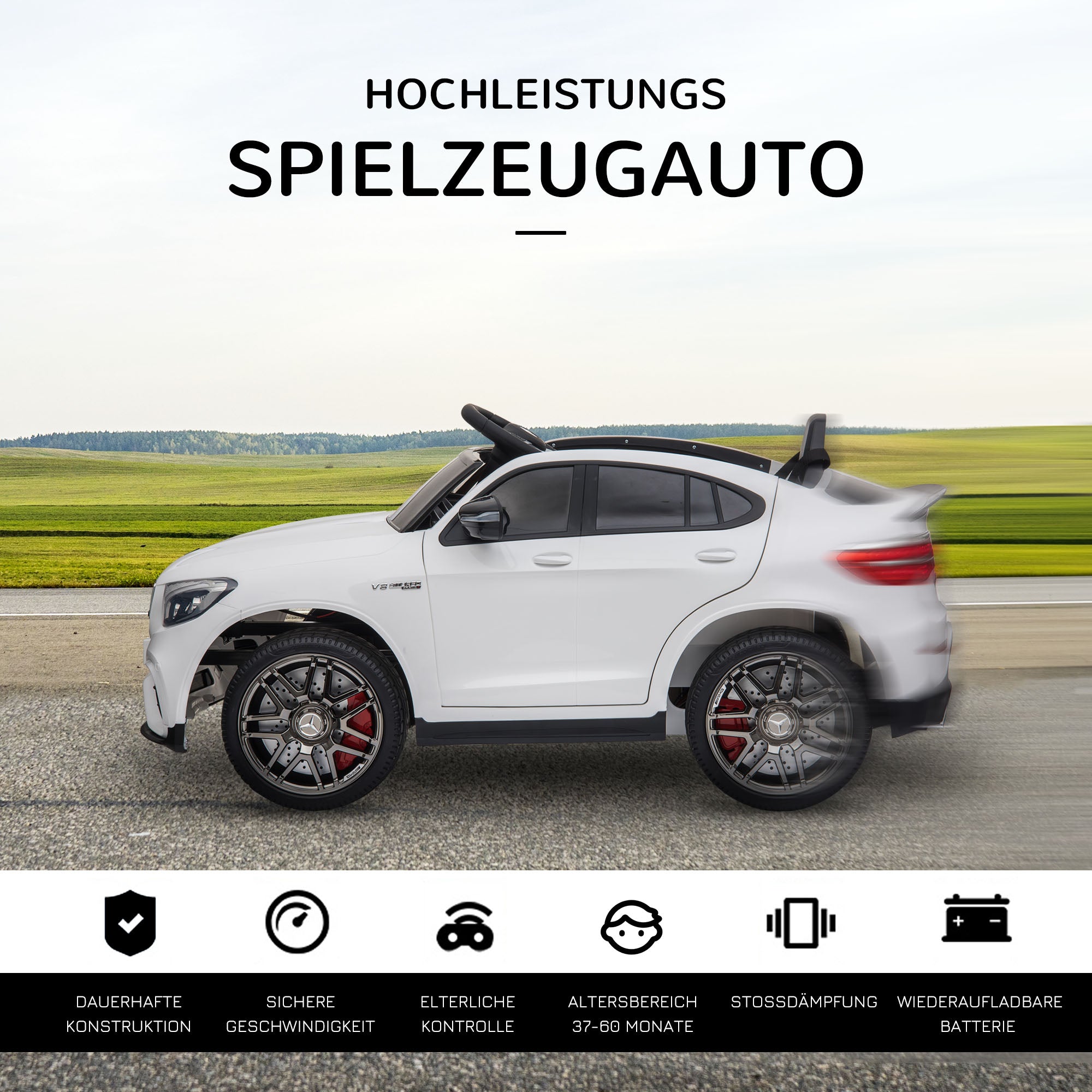 HOMCOM Kinderfahrzeug 12V Mercedes-Benz AMG GLC63S COUPE lizenzierter Elektroauto mit Fernbedienung Sicherheitsgurt 2 x 35W Motoren MP337-60 Monate Weiß 115 x 70 x 55 cm