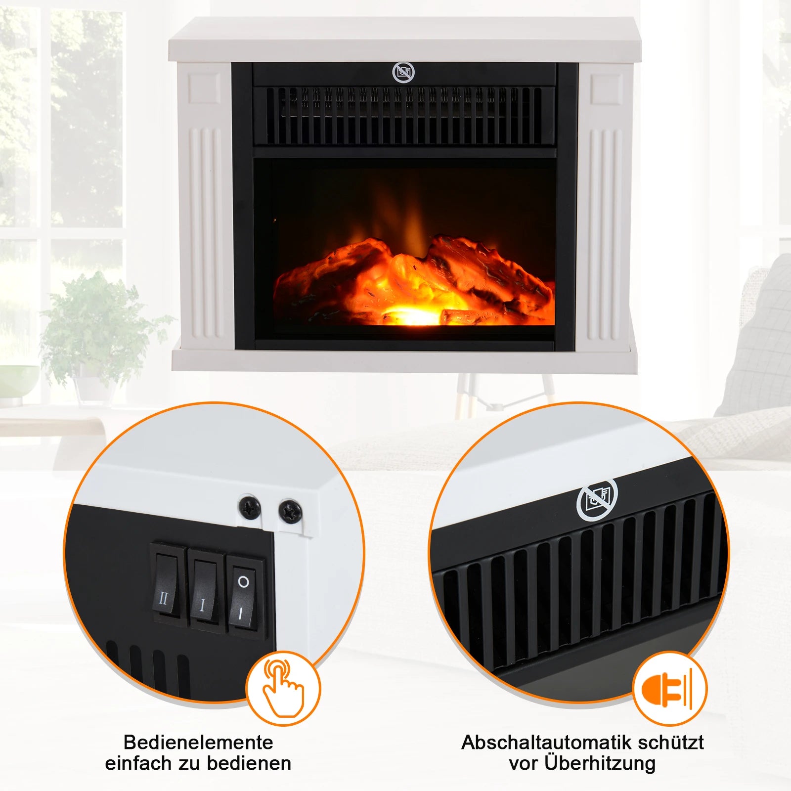 HOMCOM Elektrokamin Standkamin Flammeneffekt Heizlüfter Weiß