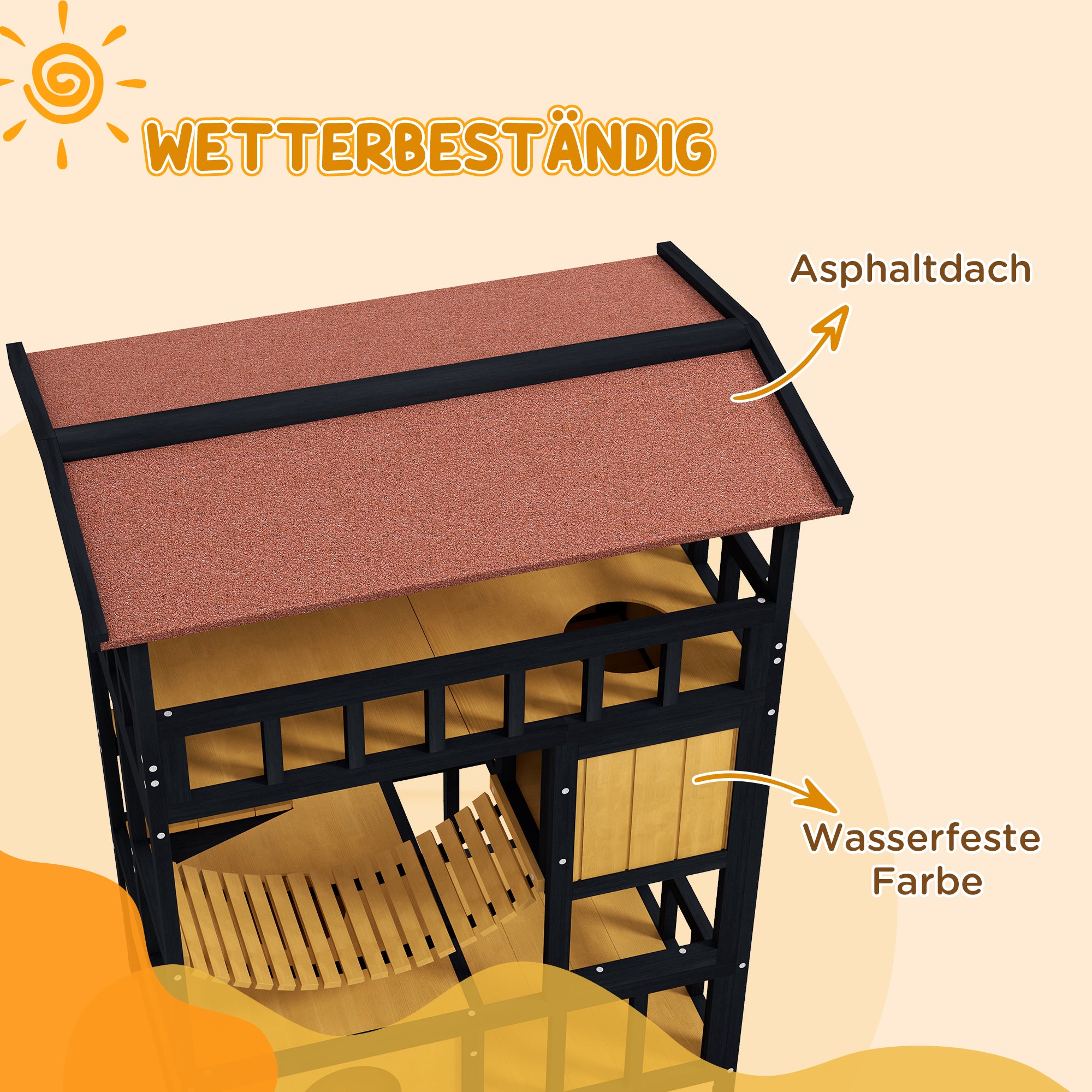 PawHut Katzenhaus, Katzenparadies mit Plattformen, Hängebrücke und Katzenhöhlen, für bis zu 2 Katzen geeignet, Holz