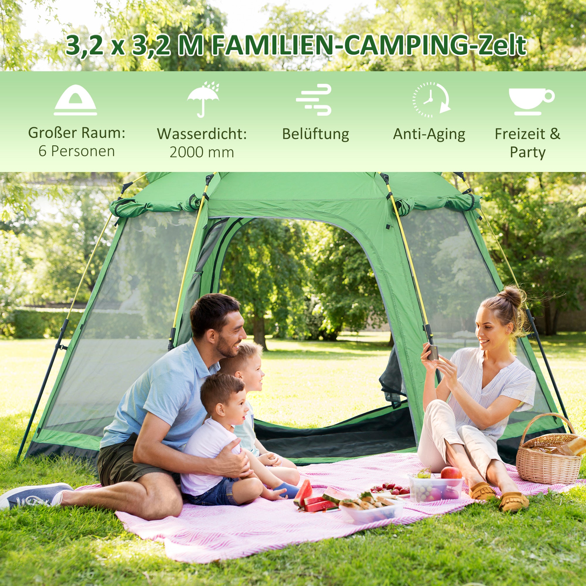 Outsunny Camping Zelt 6 Personen Zelt Familienzelt Kuppelzelt Kunstleder2000mm einfache Einrichtung für Familien Trekking Festival Stahl Glasfaser Grün 320 x 320 x 180 cm