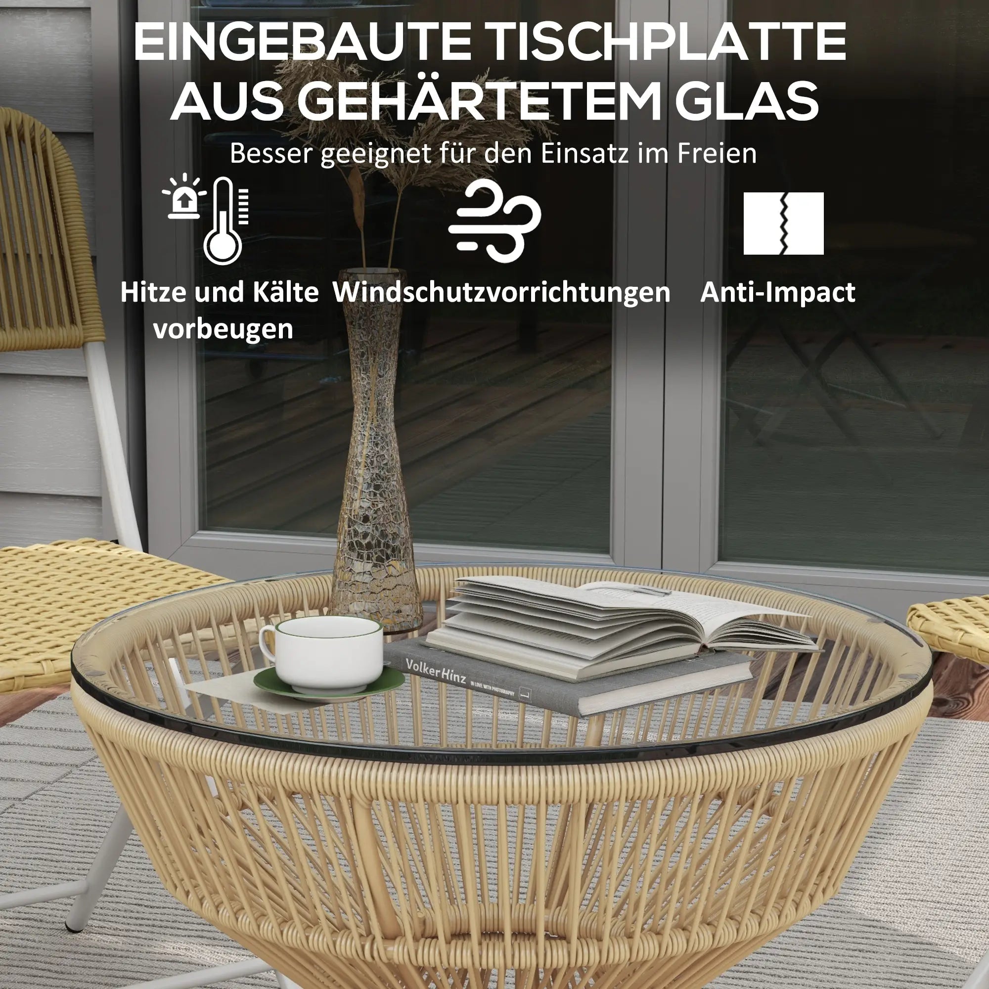 Outsunny Gartentisch Beistelltisch Boho-Stil Hartglas Rattan