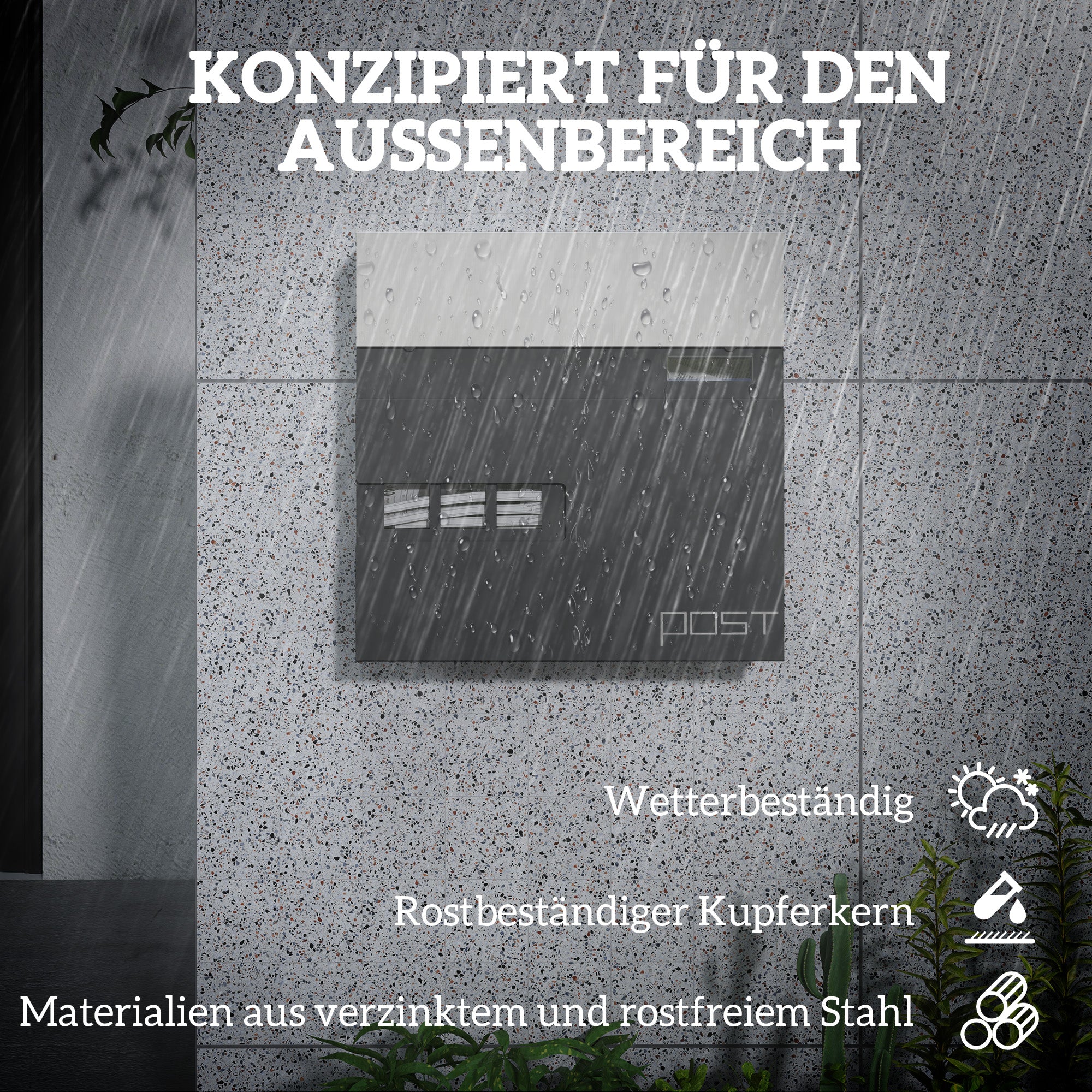 HOMCOM Briefkasten, Wandmontage, Abschließbar, Sichtfenster, Stahl, Grau