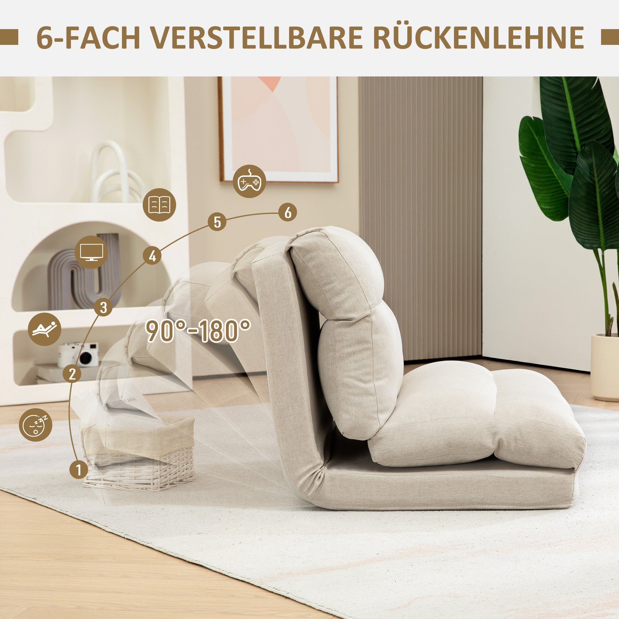 HOMCOM Sitzsack mit Bettfunktion, neigbare Lehne, klappbar, bis 120kg, 70 x 72 x 56 cm, Beige
