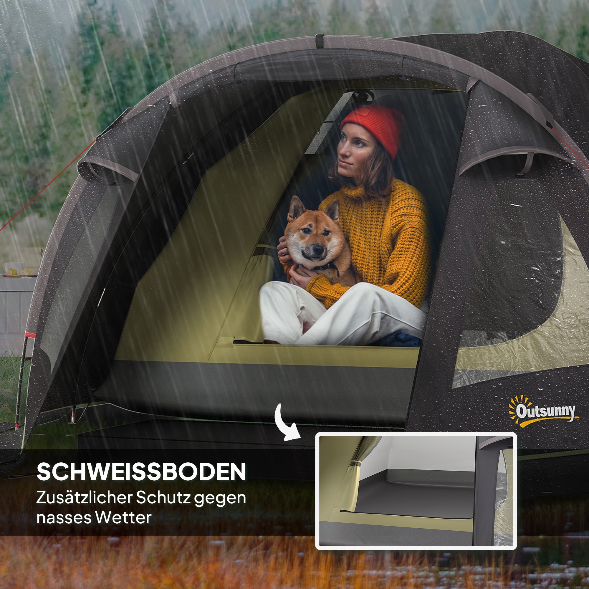 Outsunny Campingzelt für 4 Personen leicht, stabil UV 50+ Tunnelzelt mit Vordach Seitentür&Fenster Schwarz