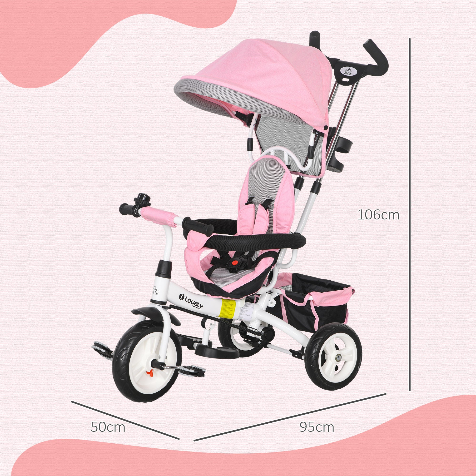 HOMCOM 6-in-1 Kinderdreirad mit Schiebestange, Dach, Gurt, Ablagekorb, für 1-5 Jahre, Rosa