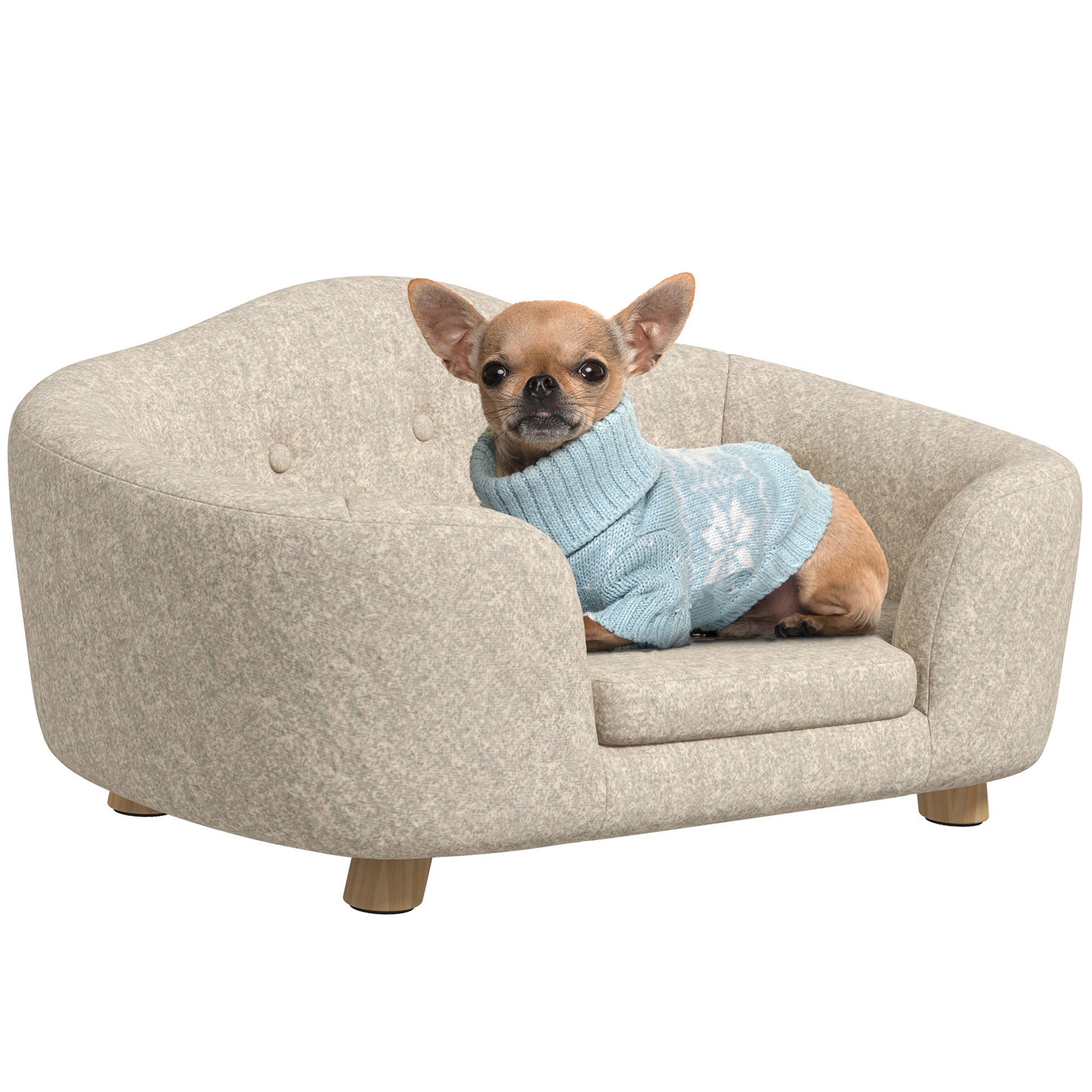 PawHut Haustiersofa Hundematte Hundebett Hundesofa Hundecouch Katzen Sofa mit Kissen Rückentasche Plüsch Schaumstoff Kiefernholz Cremeweiß 70 x 47 x 30 cm