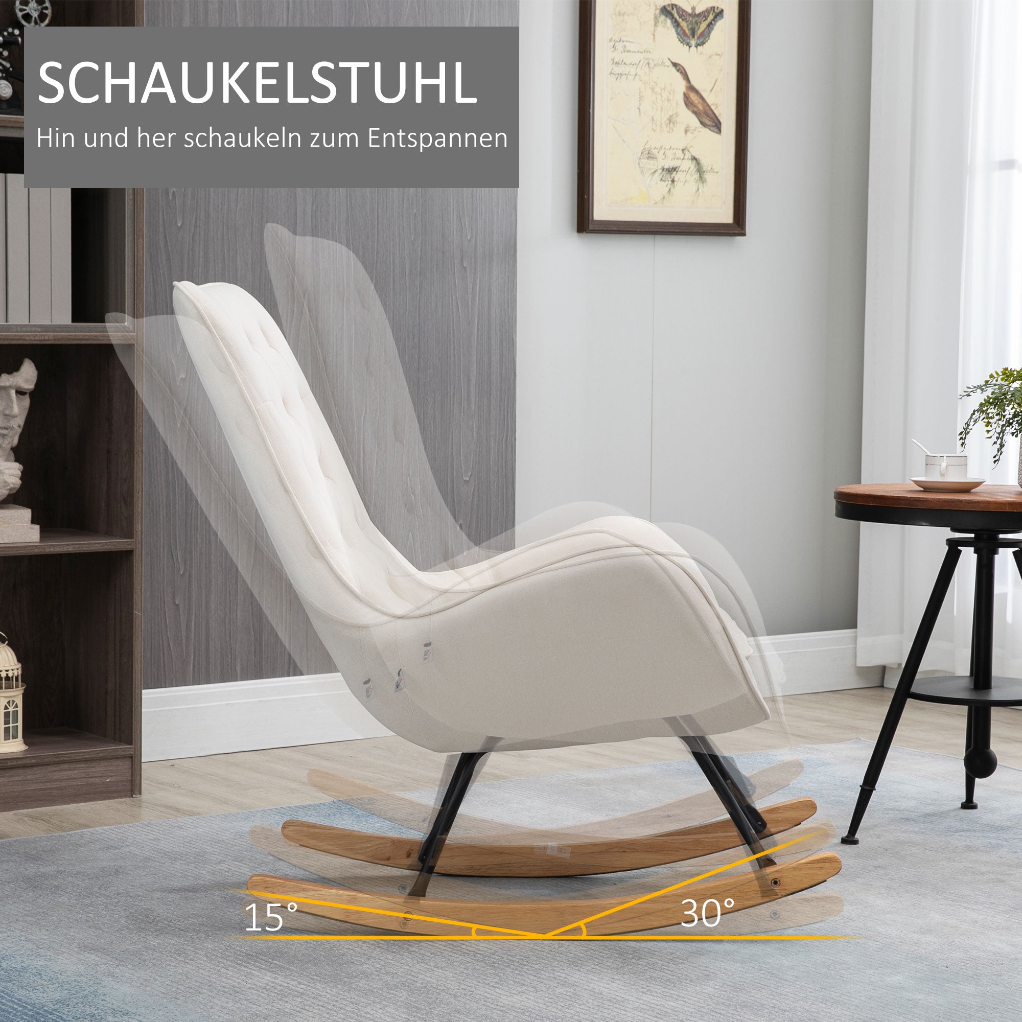 HOMCOM Schaukelstuhl im Skandi-Design Relaxsessel, Knopfheftung, 69 cm x 90 cm x 100 cm, Creme + Natur + Schwarz