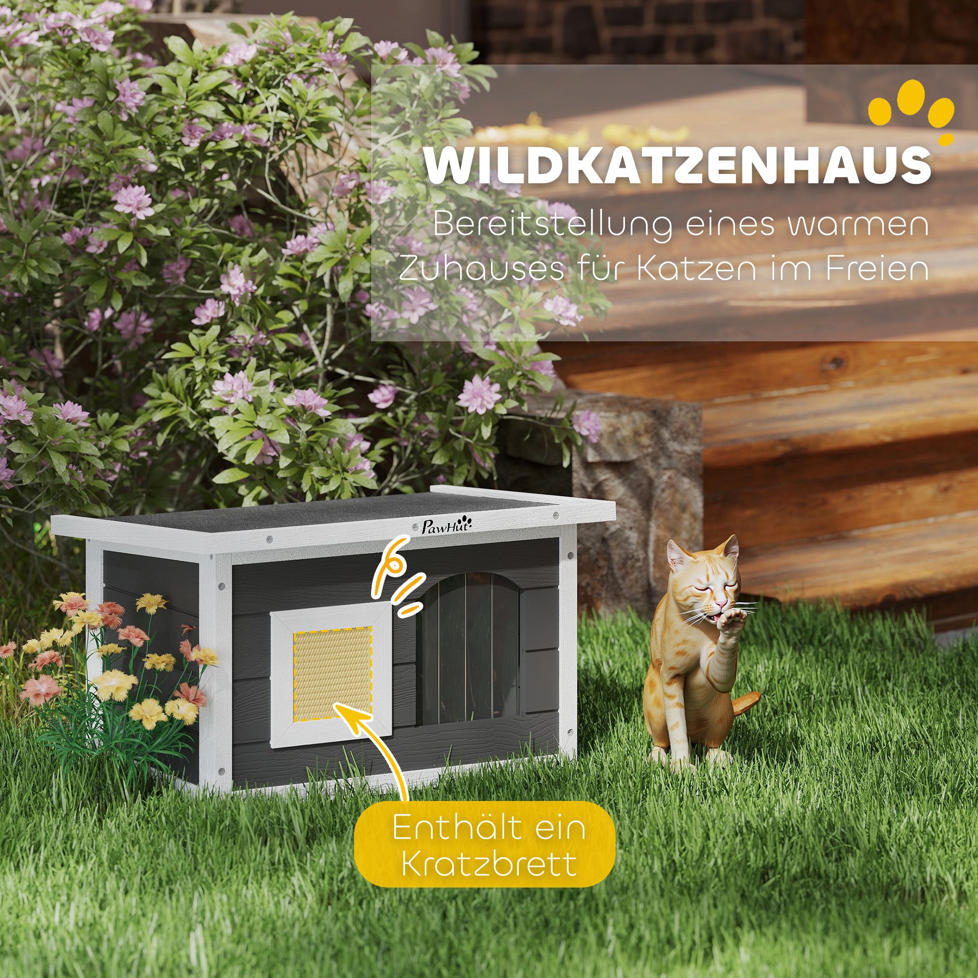 PawHut Katzenhaus, Rückzugsort für Katzen und Kaninchen, Holzhaus mit Kratzmatte, Türklappe, 61 x 45 x 36,5 cm, Grau