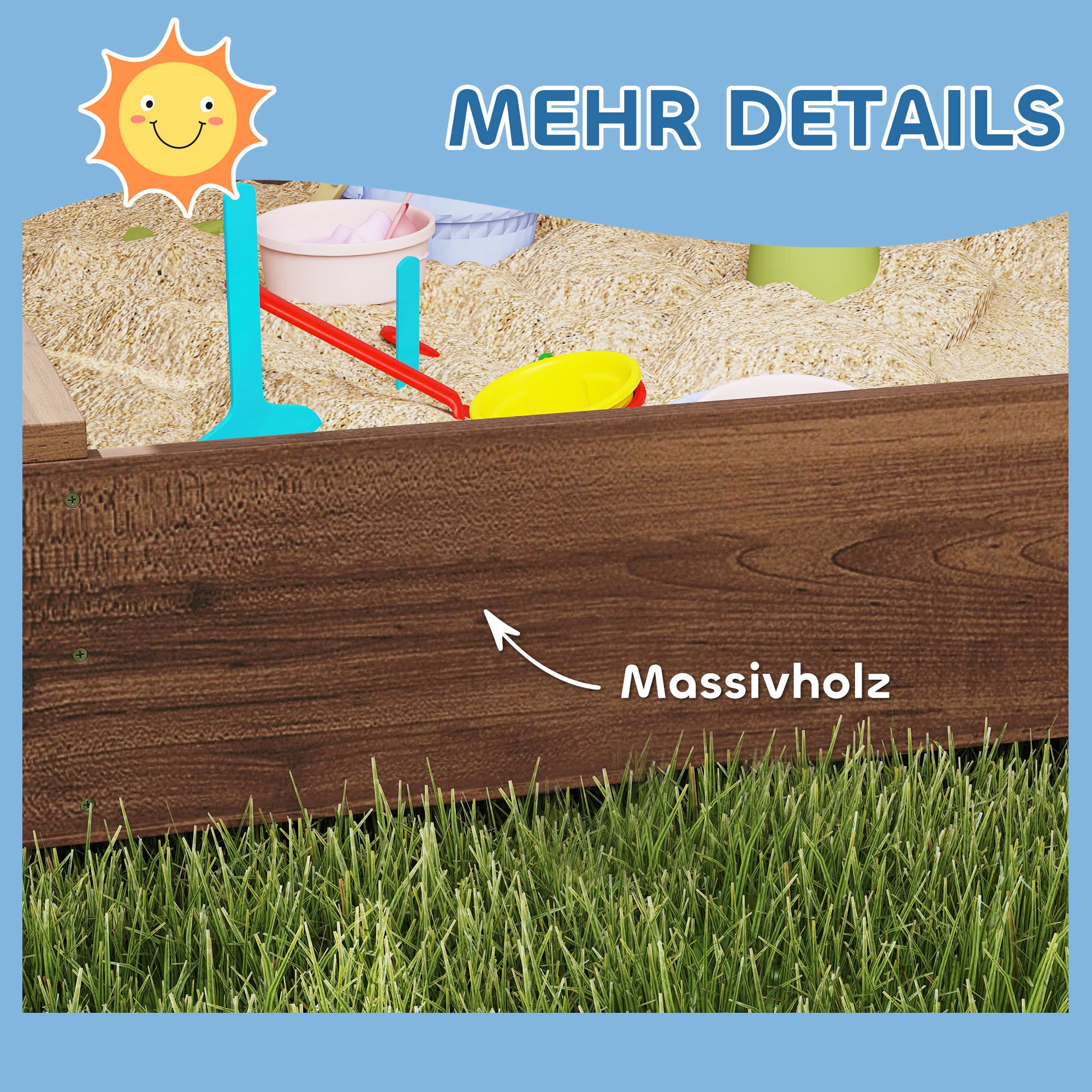 AIYAPLAY Sandkasten, Sandkiste mit Vordach und Netztür, Sitzbänke, Bodenschutz, Braun