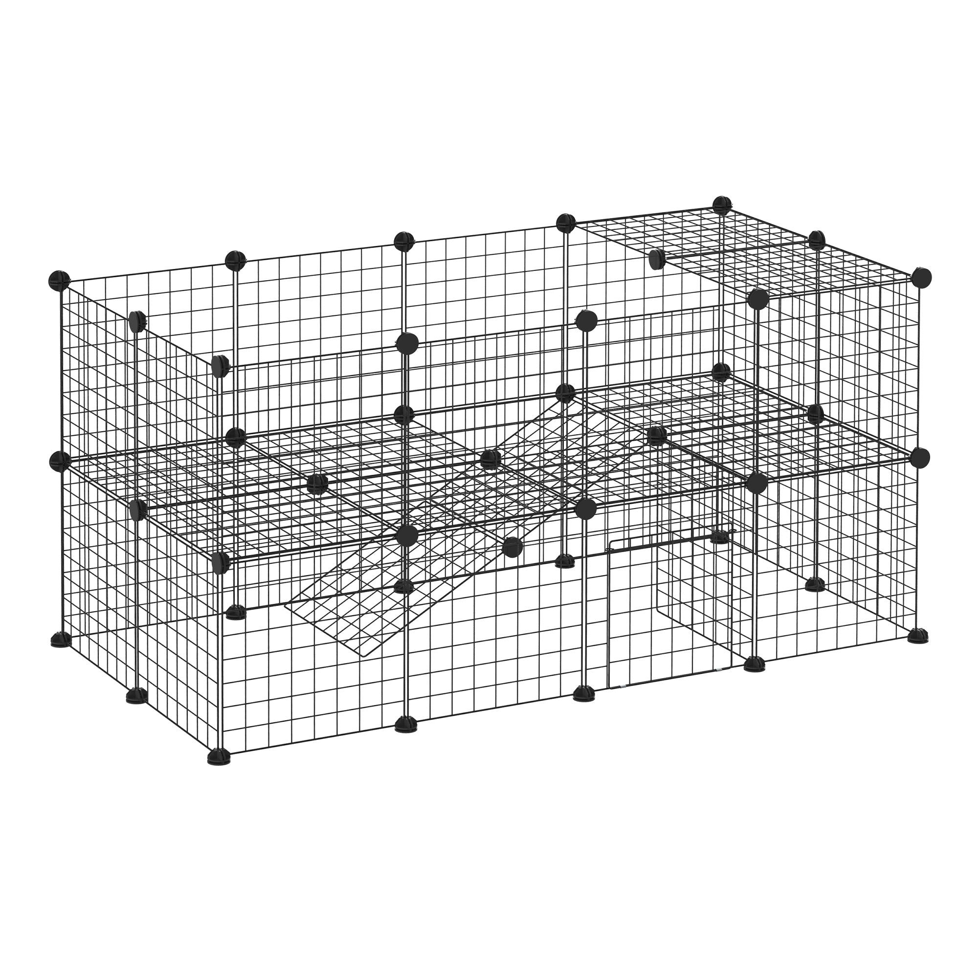 PawHut Freigehege Laufgitter DIY Welpenlaufstall Gittergehege für Kleintier aus Metallgitter Absperrgitter Kleine Haustiere Laufstall für Innen 36 Platten Schwarz 146 x 73 x 73 cm