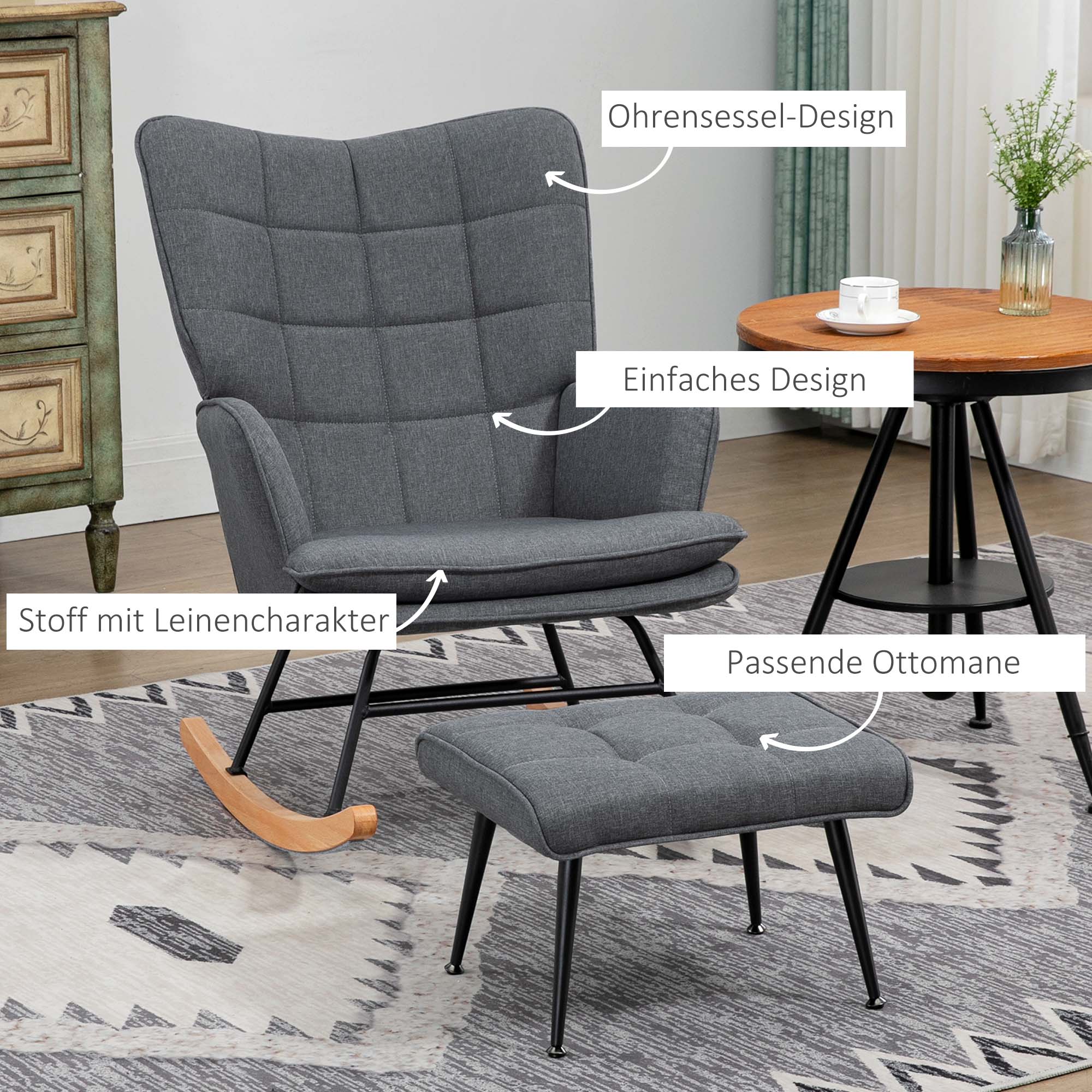 HOMCOM Schaukelstuhl mit Hocker, komfortabel, bis 130 kg, Leinenoptik, 64x89x90cm, Grau