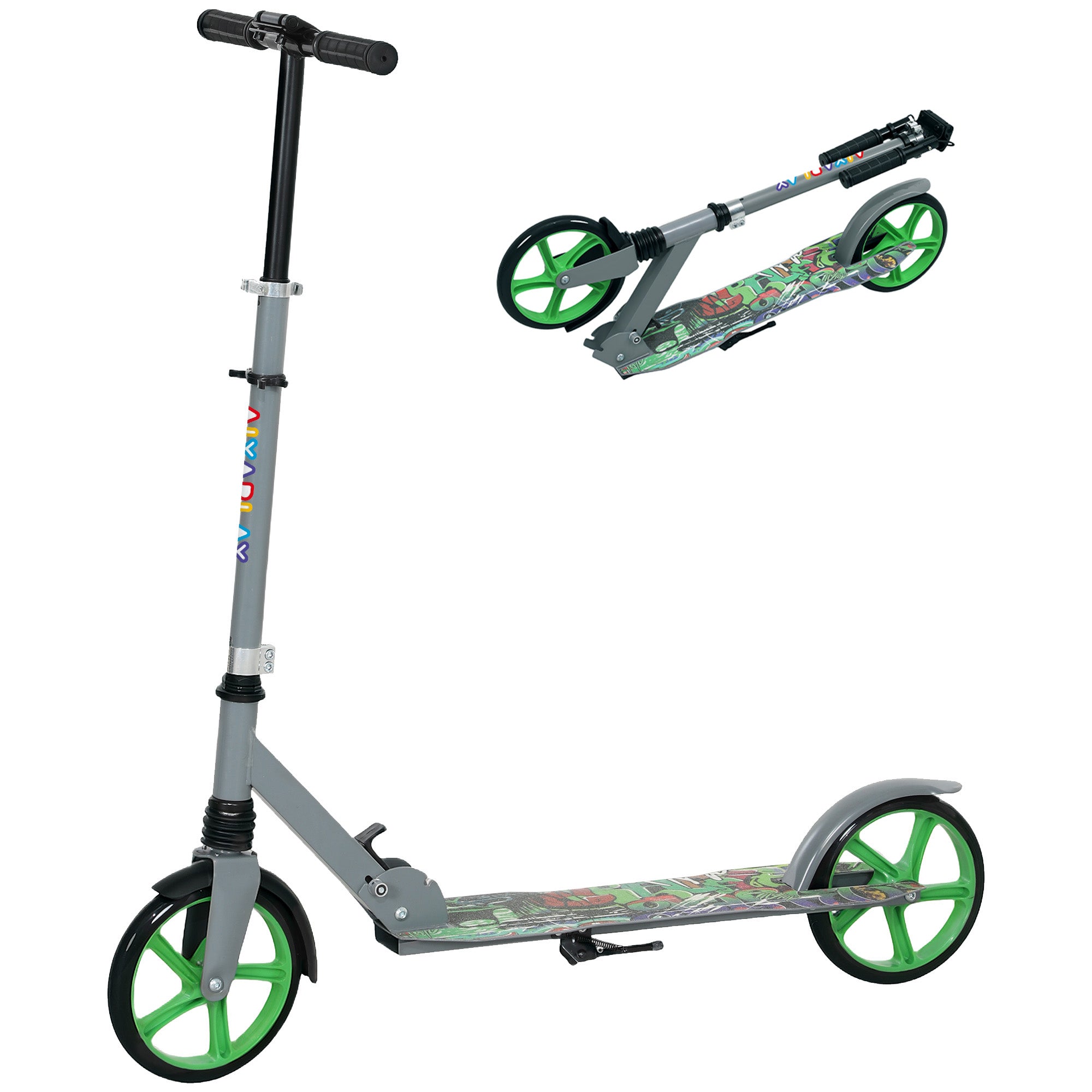 AIYAPLAY Tretroller, höhenverstellbar, Hinterradbremse, faltbar, 100 kg belastbar, Grün