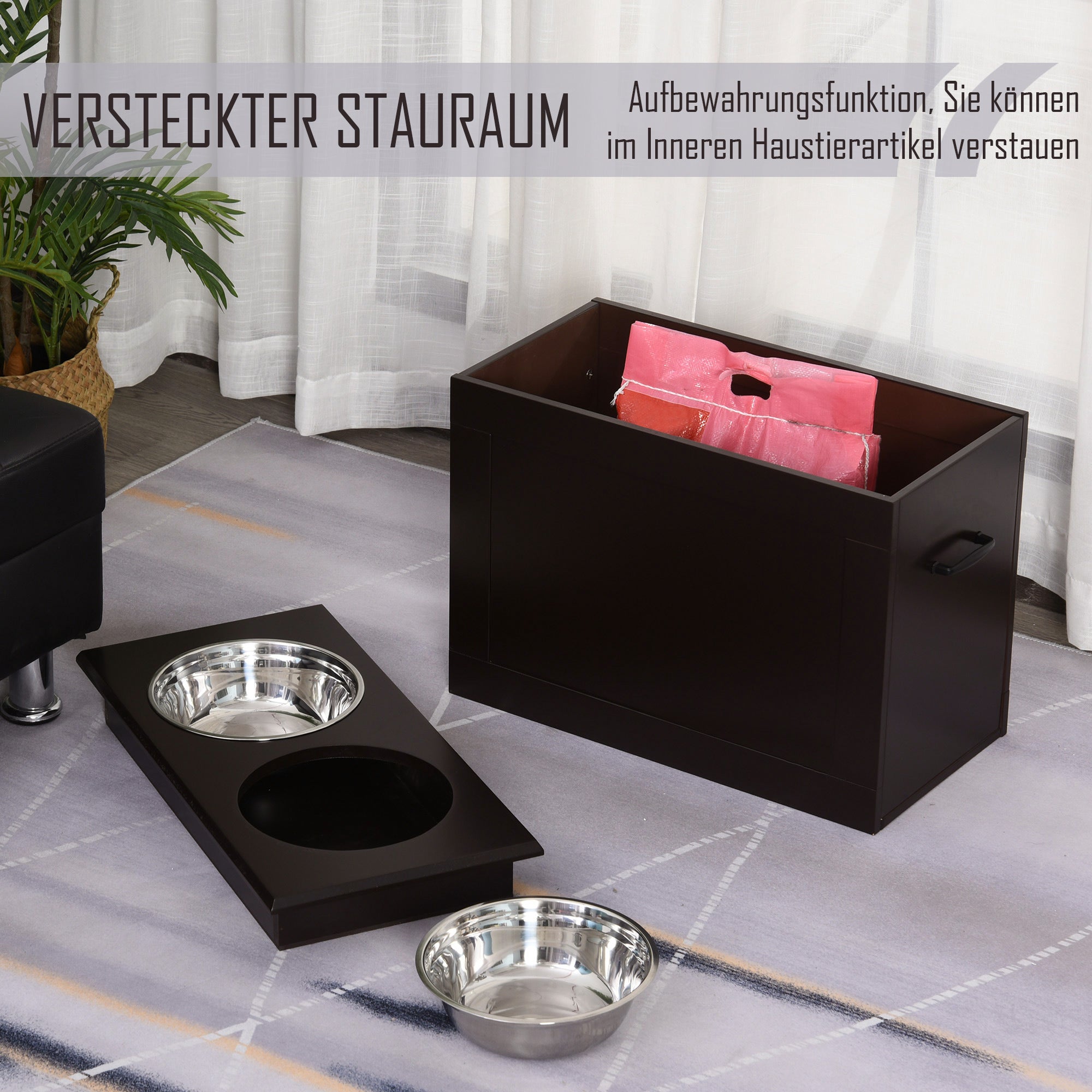 PawHut Futterstation, 2 Fressnäpfe aus Edelstahl, versteckter Stauraum, 60 cm x 30 cm x 41 cm, Schwarz + Silber