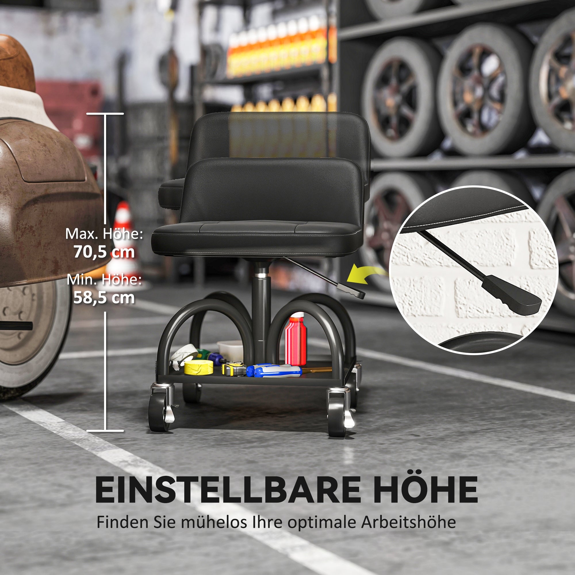 HOMCOM Werkstatthocker mit Rollen Ablagefläche, 58,5 cm hoch Rollhocker bis 135 kg belastbar Schwarz