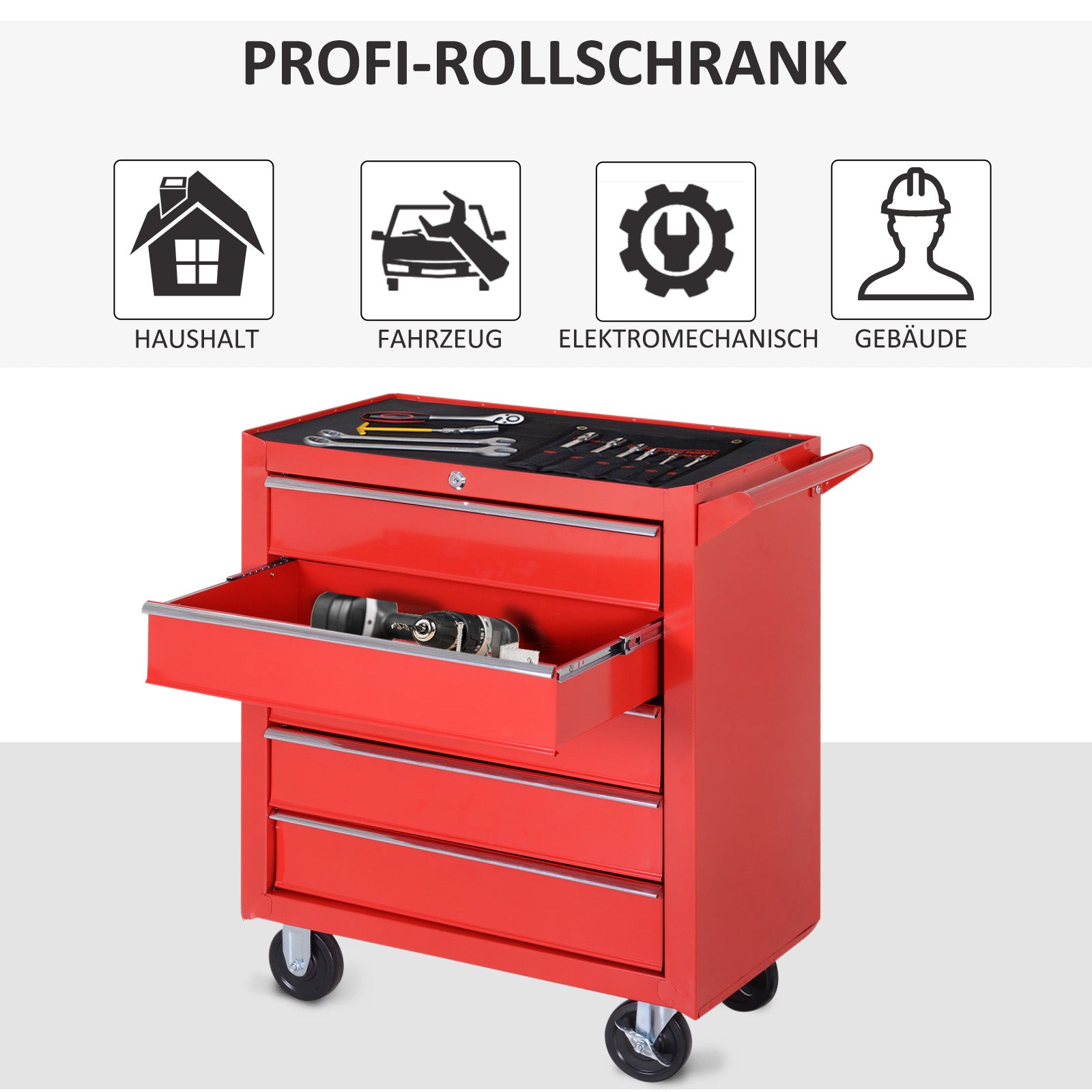 DURHAND Rollschrank, Werkzeugschrank für Garage, Schuppen, Stahl, 69L x 33B x 75H cm, Rot