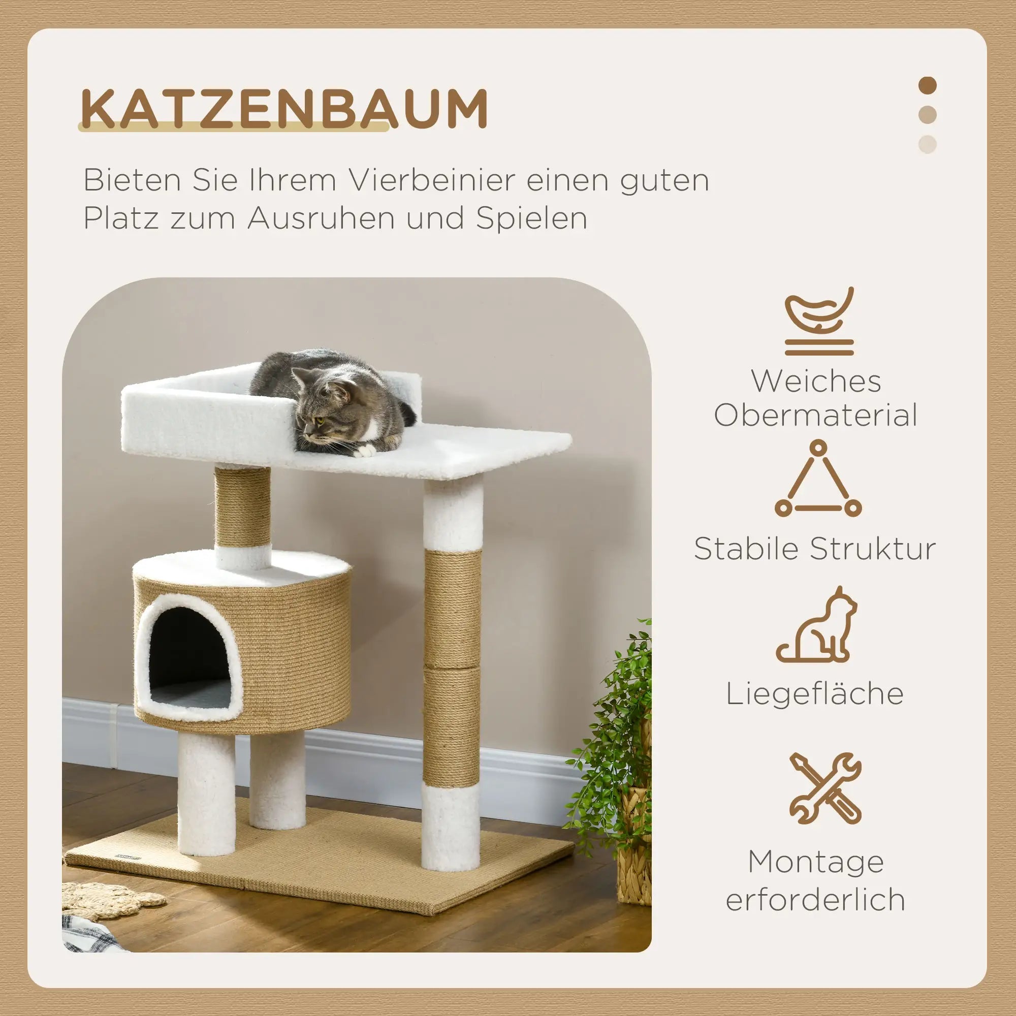 PawHut Kratzbaum Katzenbaum Katzenhöhle, 1 Katzenhöhle, 1 Liegefläche, 70 cm x 49 cm x 79 cm, Natur + Weiß
