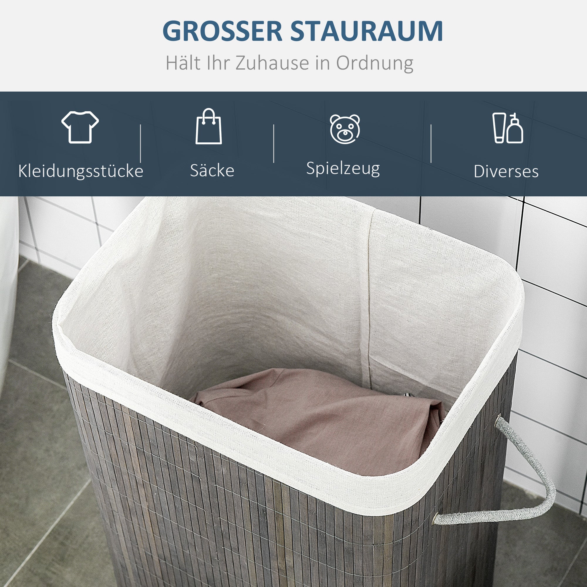 HOMCOM Wäschekorb mit Griffen und waschbarem Wäschesack, Rattan, Polyester, Baumwolle, Metall, 43L x 32B x 61H cm, Grau