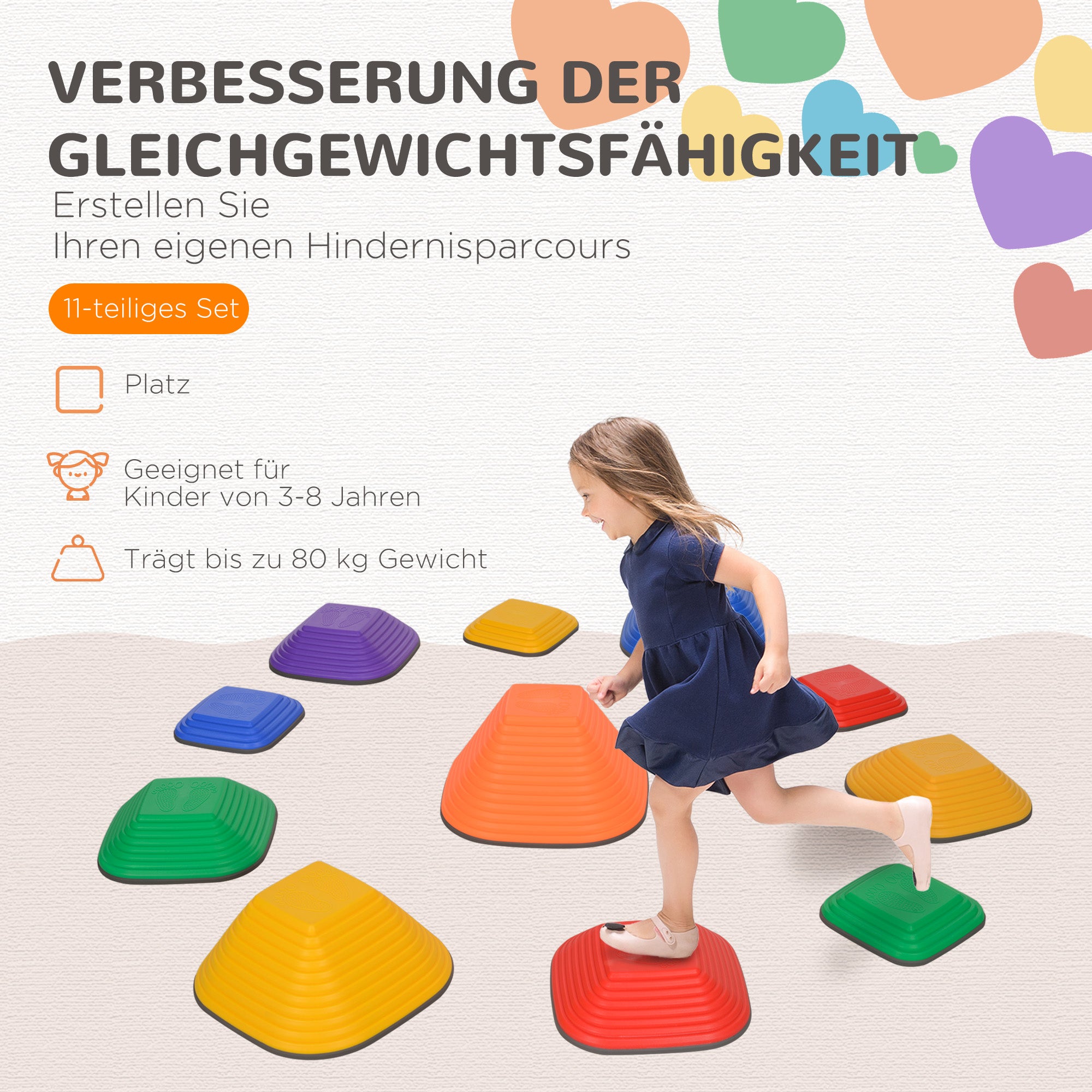 AIYAPLAY Balance-Trittsteine für Kinder, 11 Teile, Rutschfest, Hindernislauf-Steine, für Motorik-Förderung, Kunststoff, Bunt