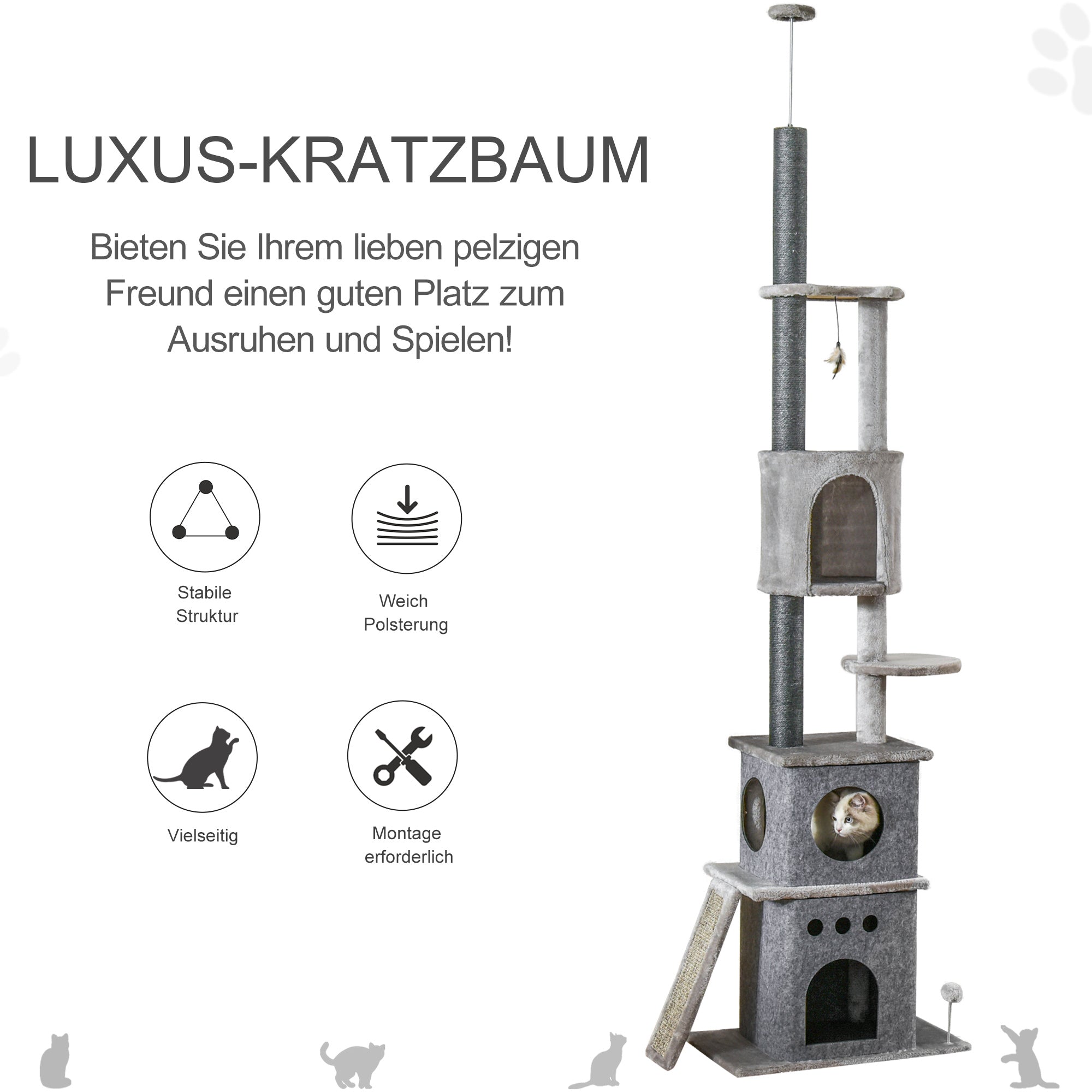 PawHut Kratzbaum Katzenbaum Deckenhoch Kletterbaum mit Katzenspielzeug Sisal Plüsch Hellgrau höhenverstellbar 60 x 40 x 225-255 cm