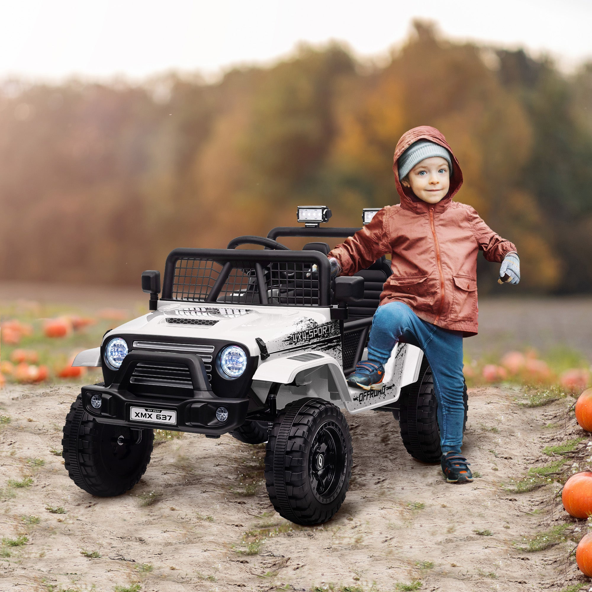 AIYAPLAY Kinder-Elektroauto mit sanfter Federung, fernsteuerbar, LED-Lichter, Hupe, 12V-Motoren, aus Kunststoff und Metall, Weiß